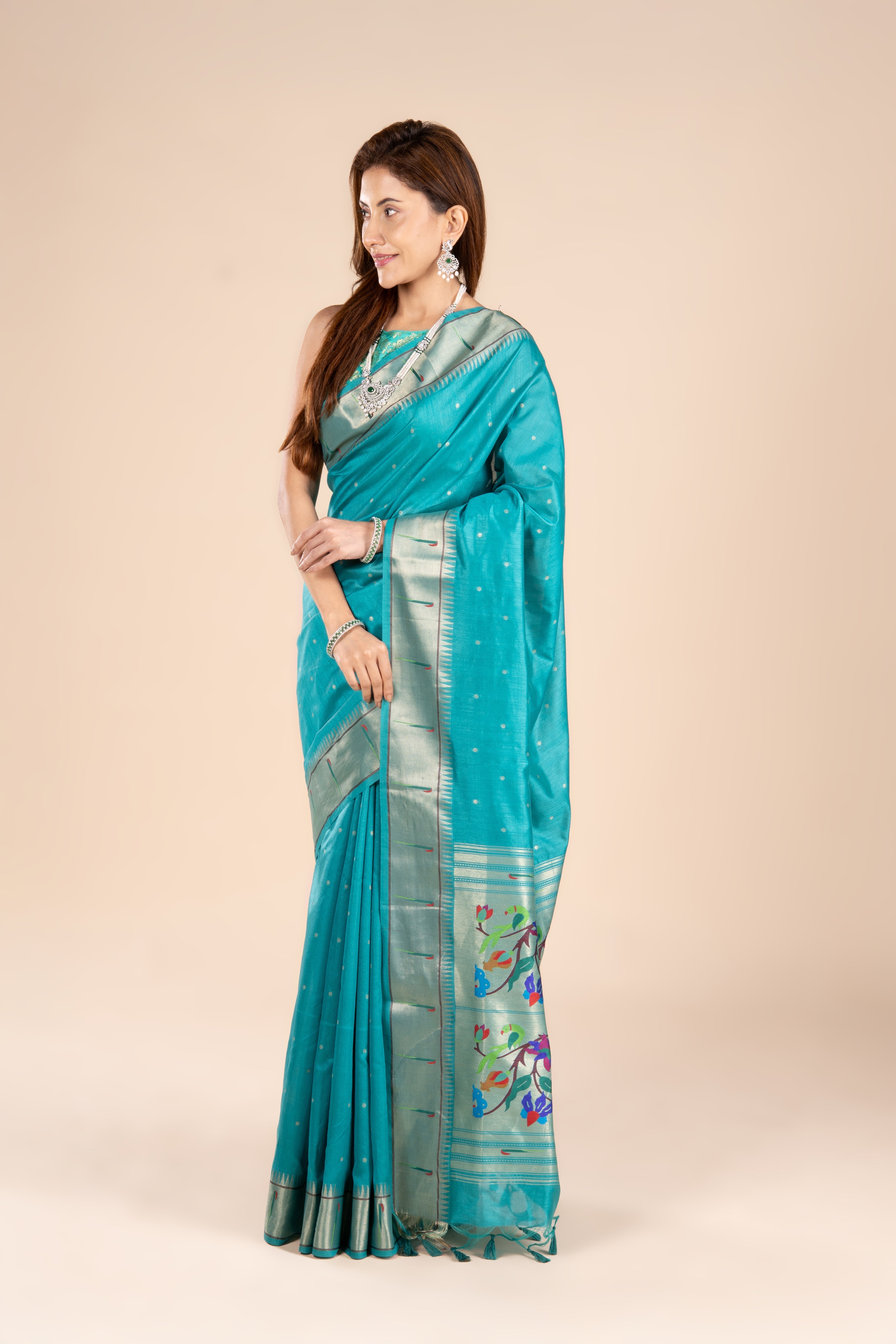 Sea Green Tussar Silk Paithani Saree with Munya Border