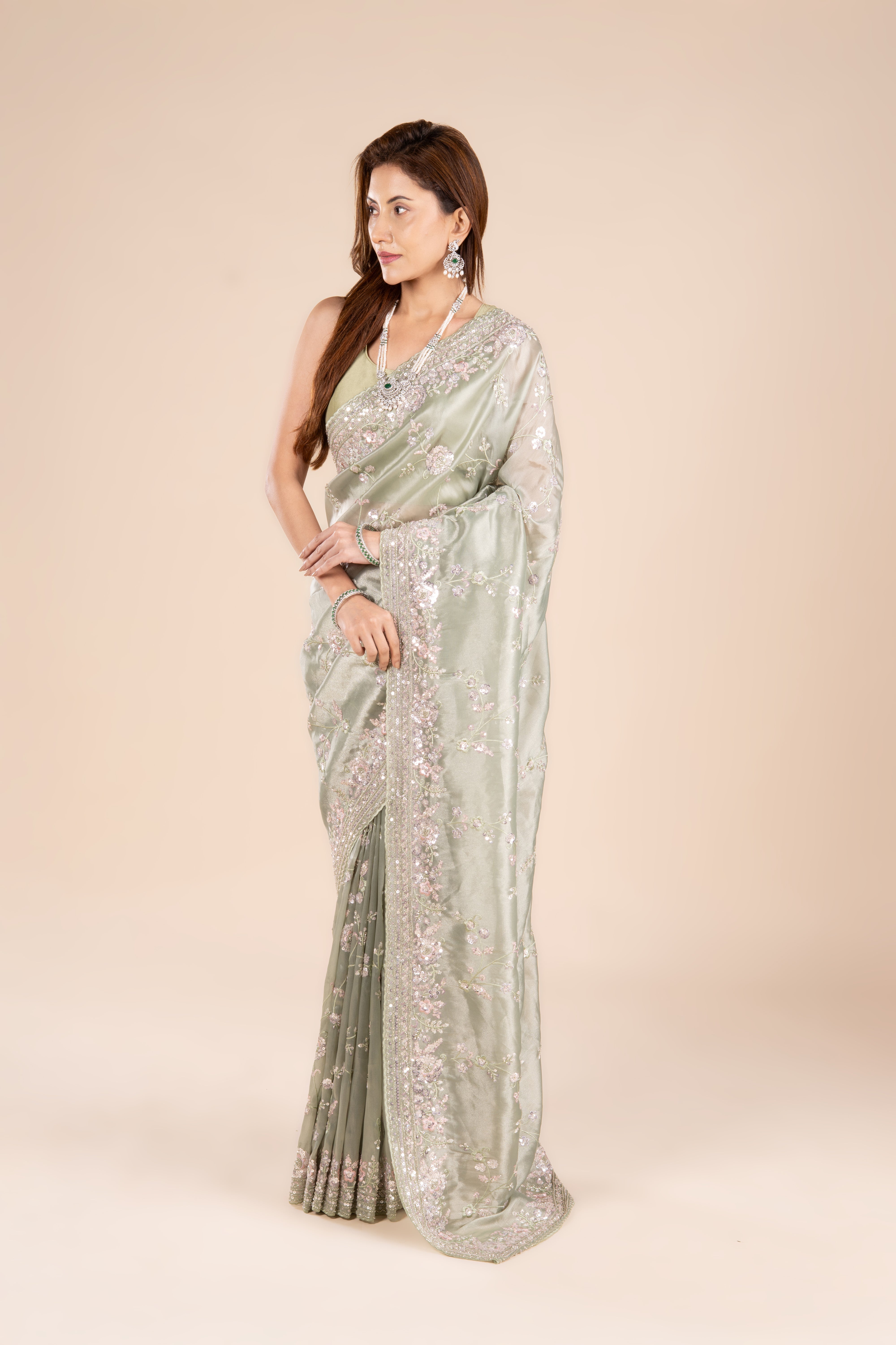 Pastel Green Organza Saree with Sequins and Threadwork