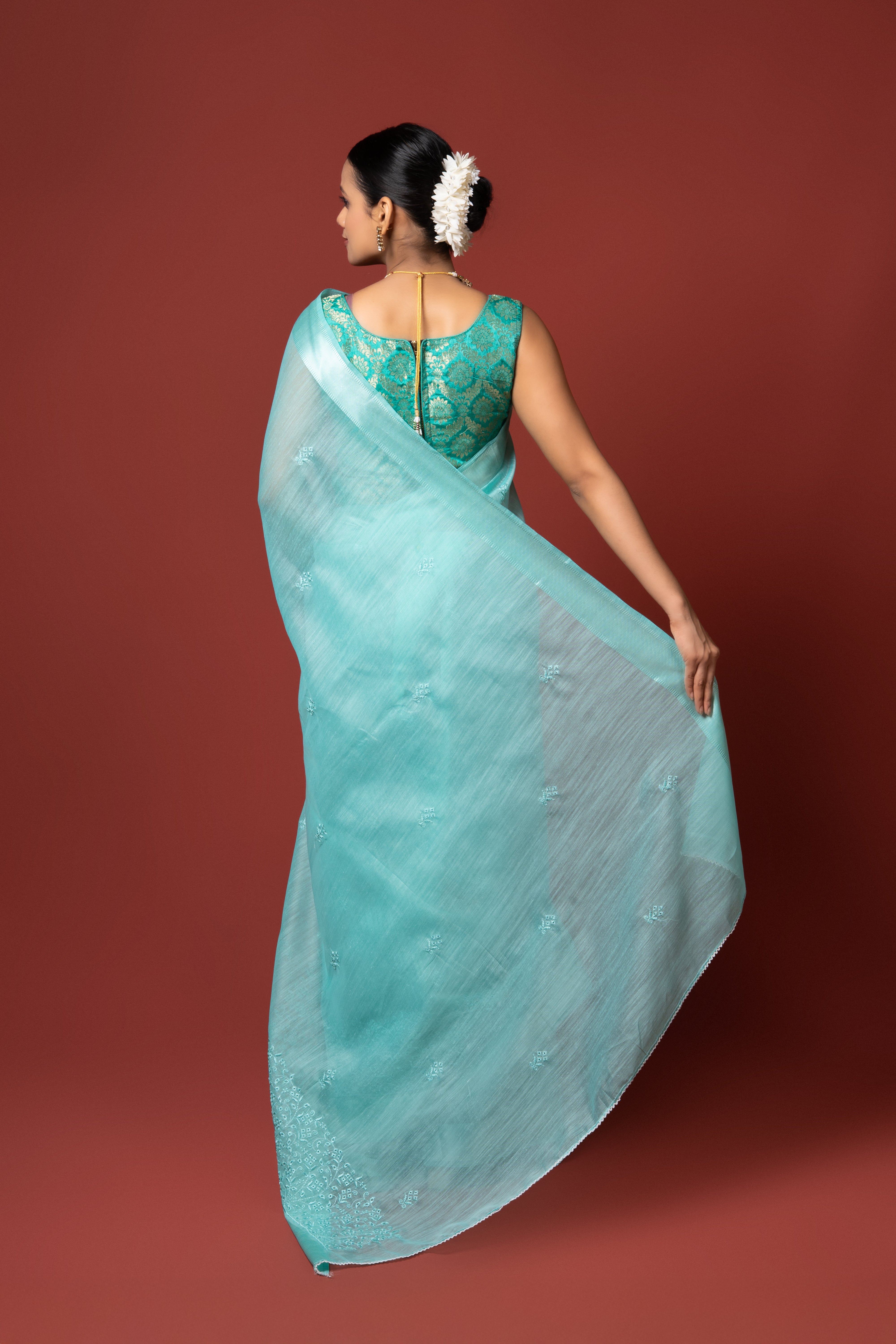Sea Green Cotton Saree with Thread Work