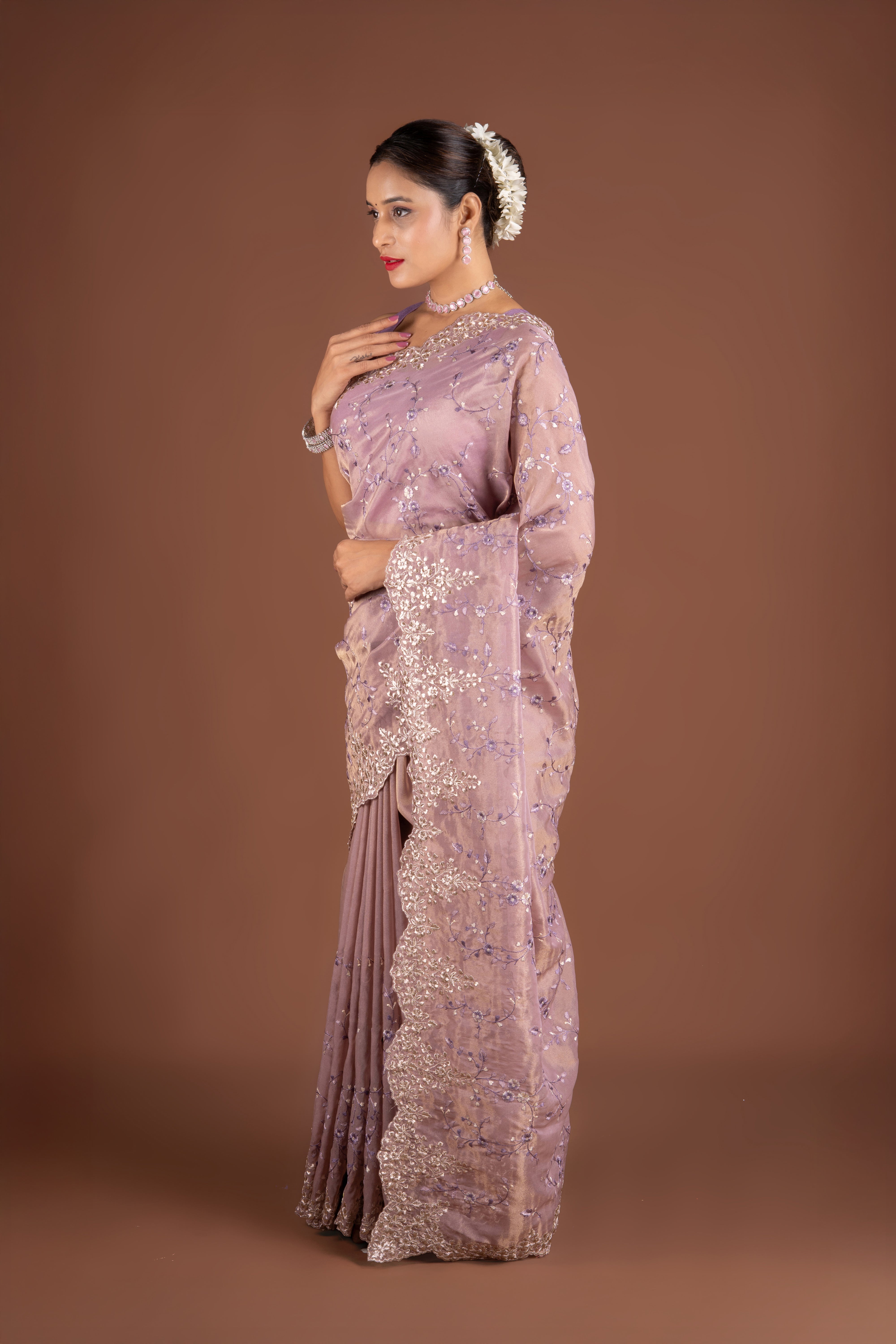 Pastel Purple Organza Saree with Jaal Threadwork