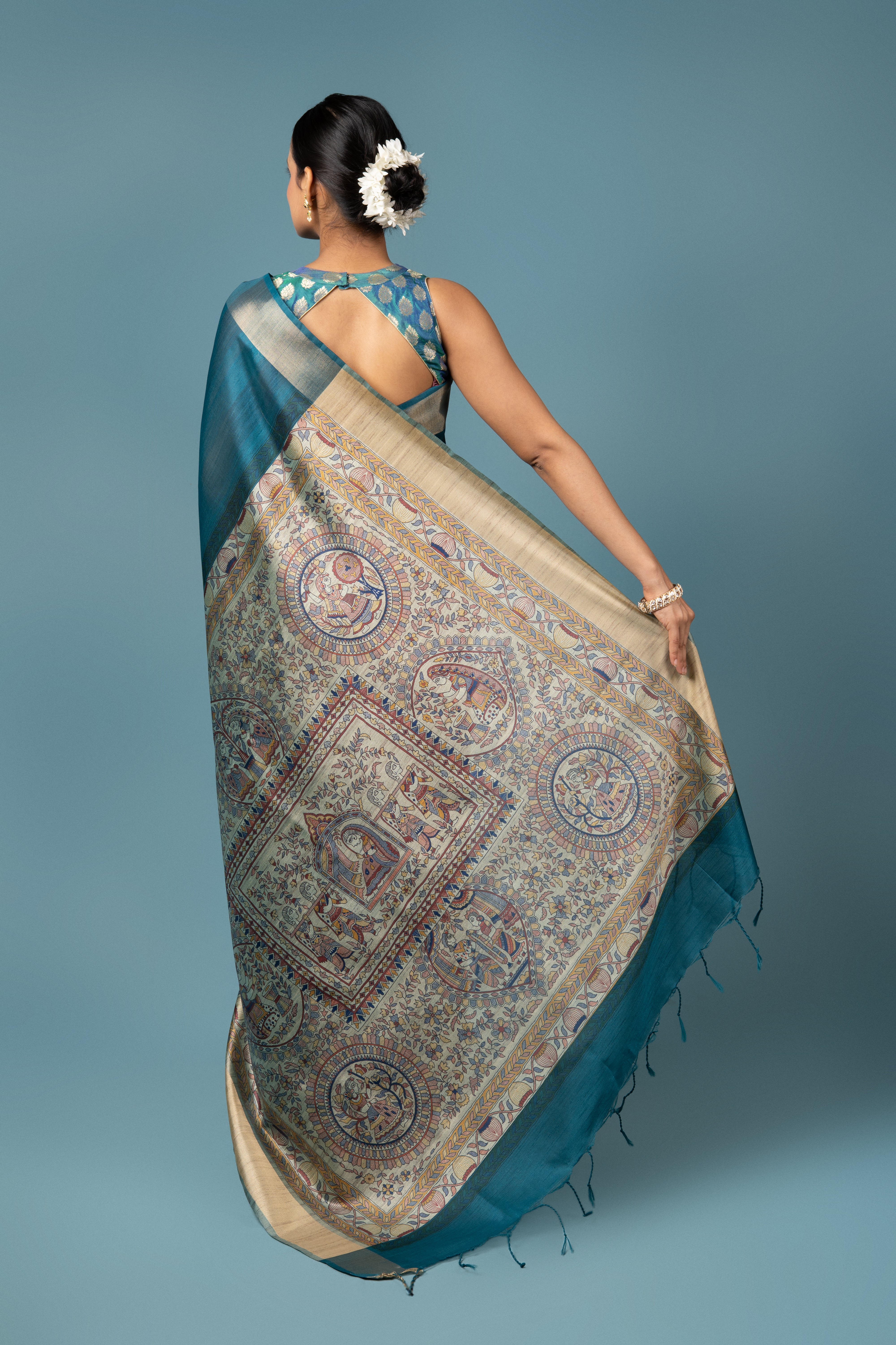 Peacock Blue Tussar Silk Saree With Madhubani Print