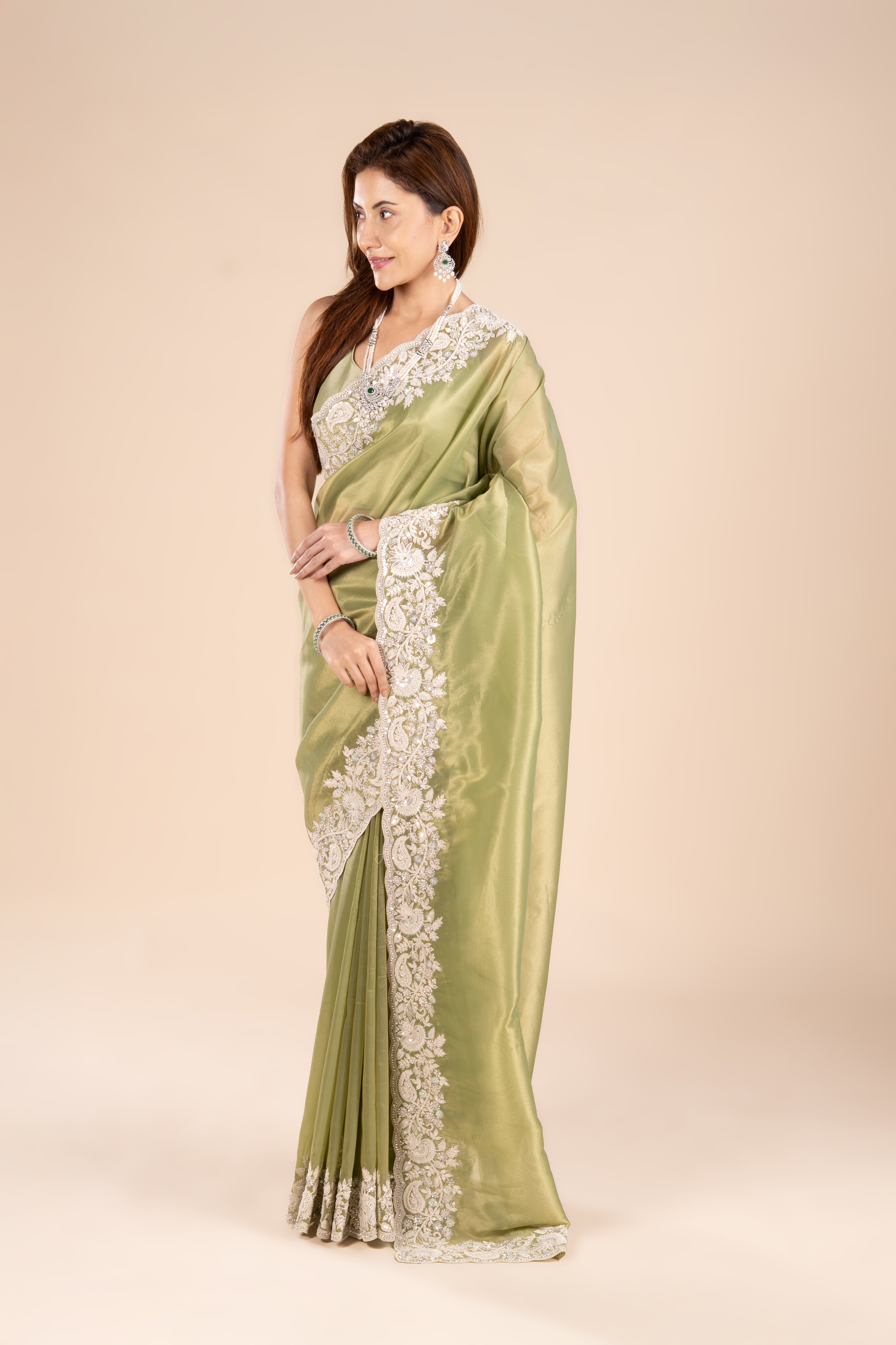 Green Organza Saree with Stonework
