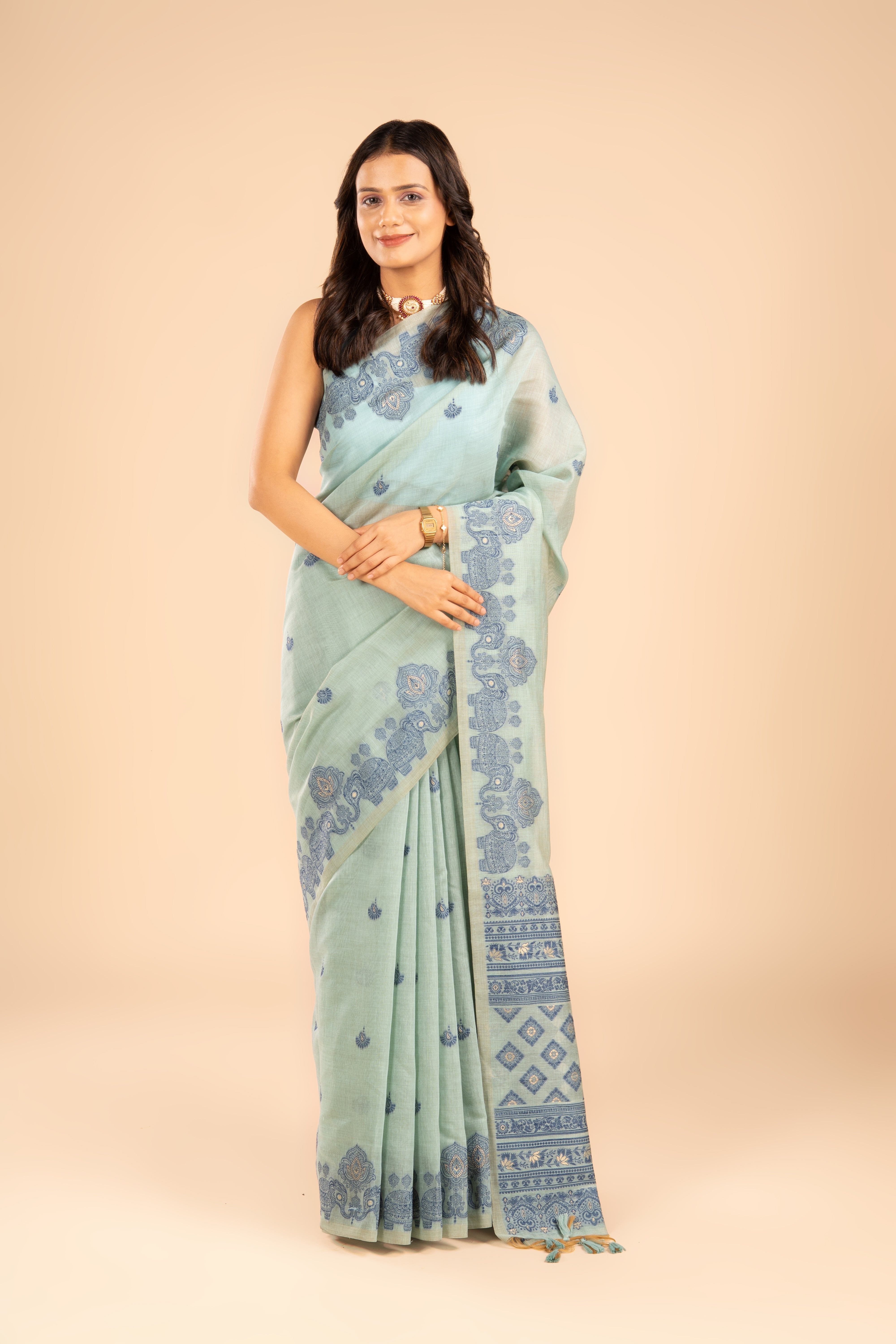 Sea Green Cotton Saree with Threadwork