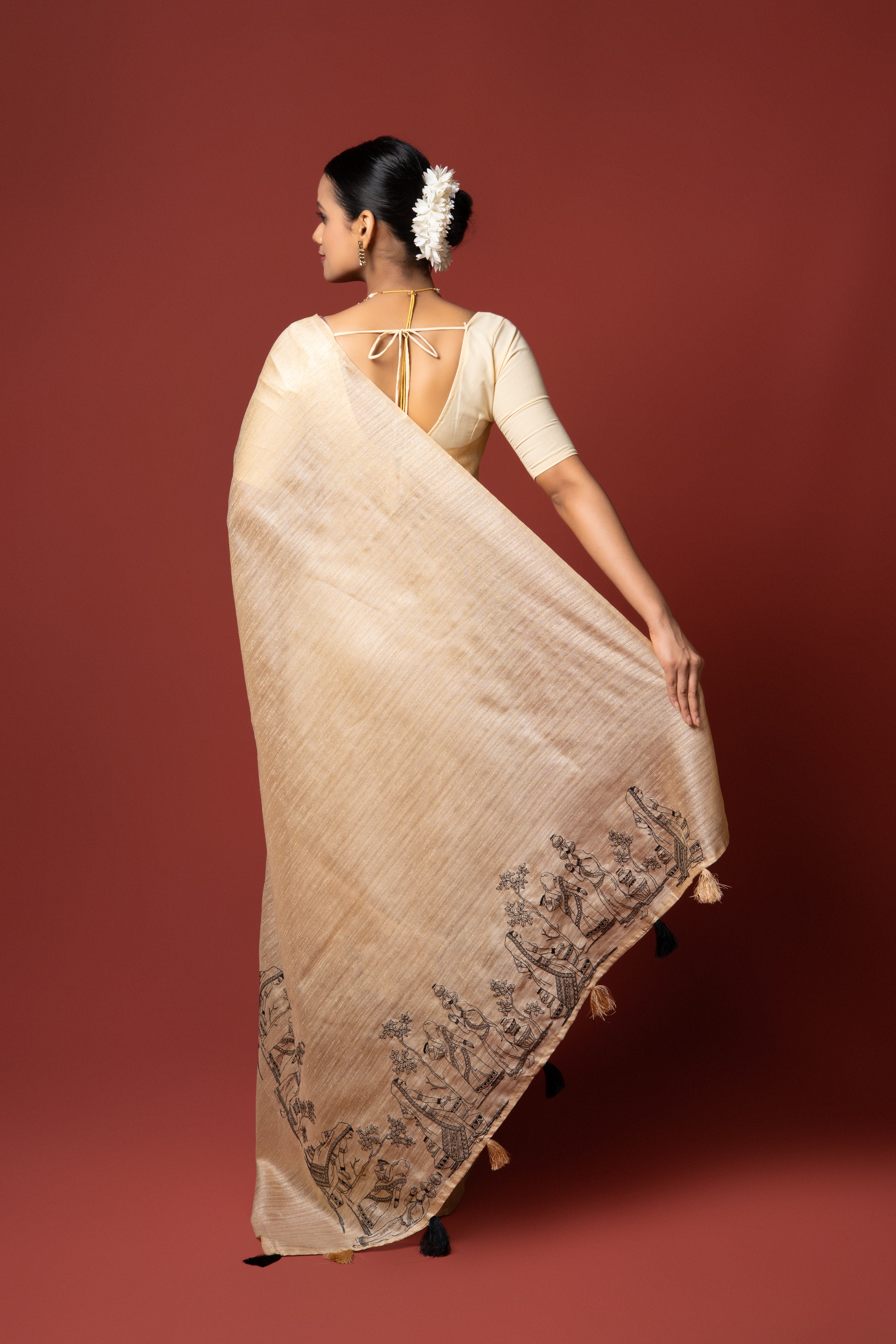 Cream Tussar Silk Saree with Thread Work