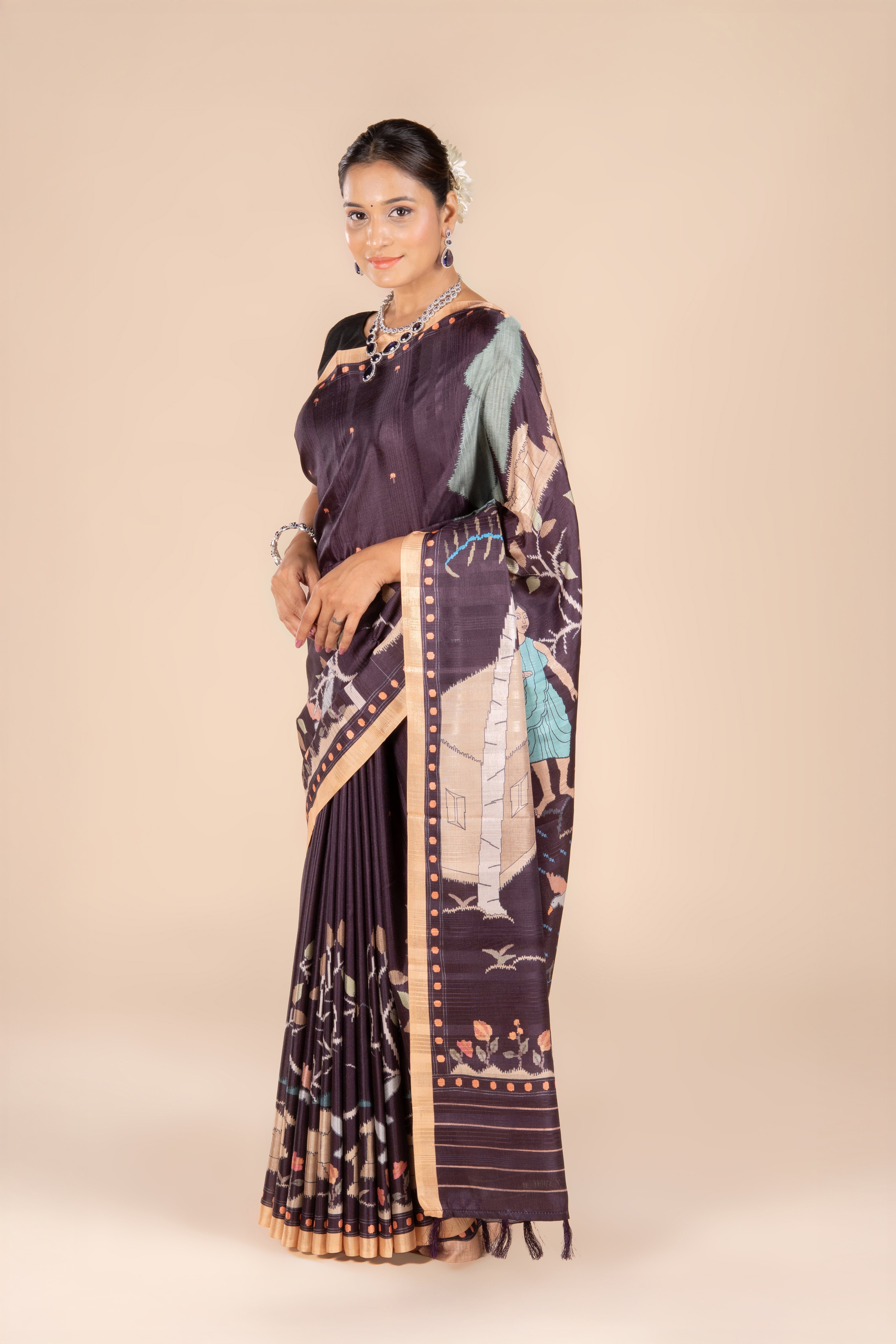 Brown Tussar Silk Saree with Ajrak Print