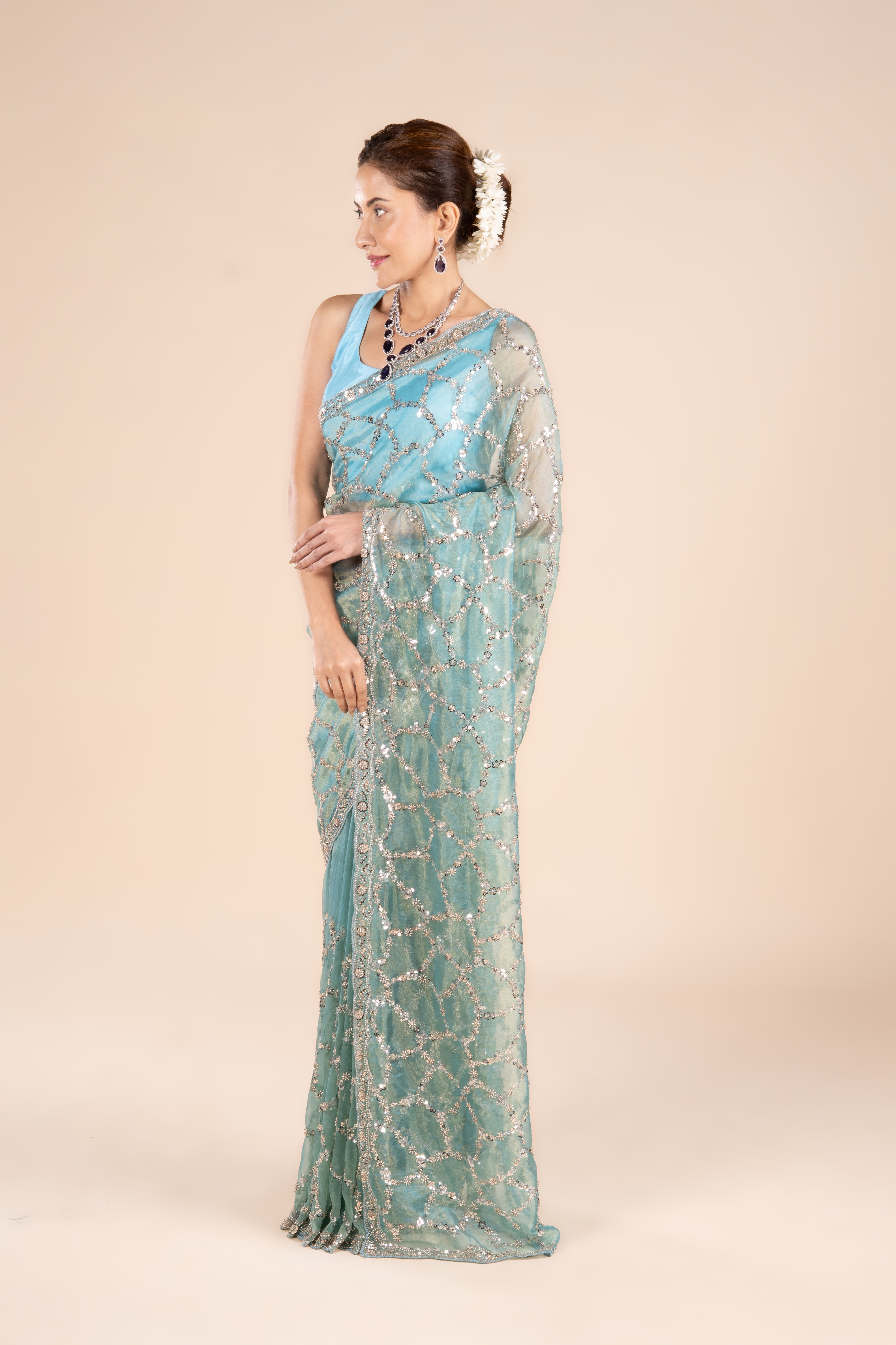 Blue Organza Saree with Stonework