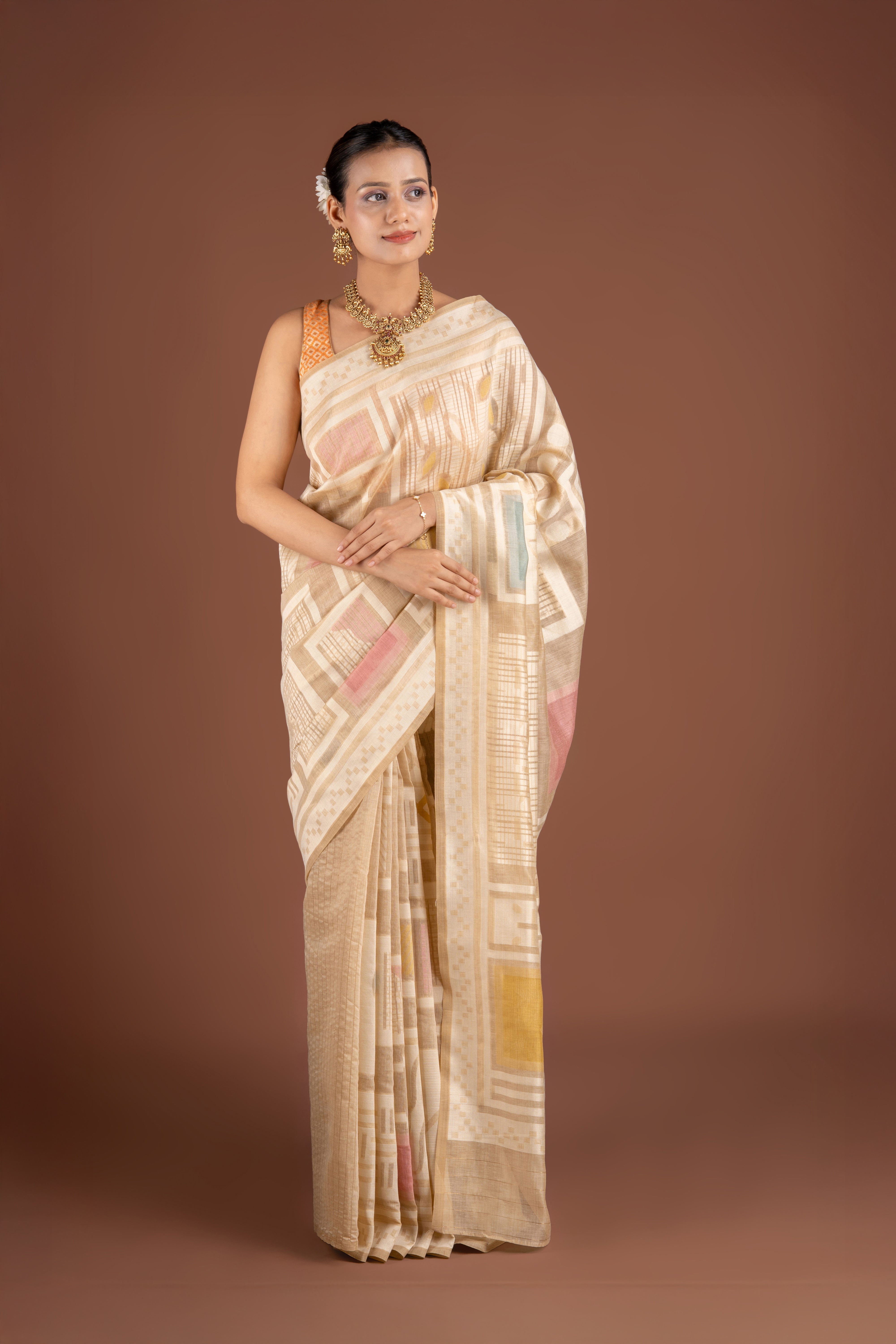 Earthy Beige Cotton Saree with Geometric pattern