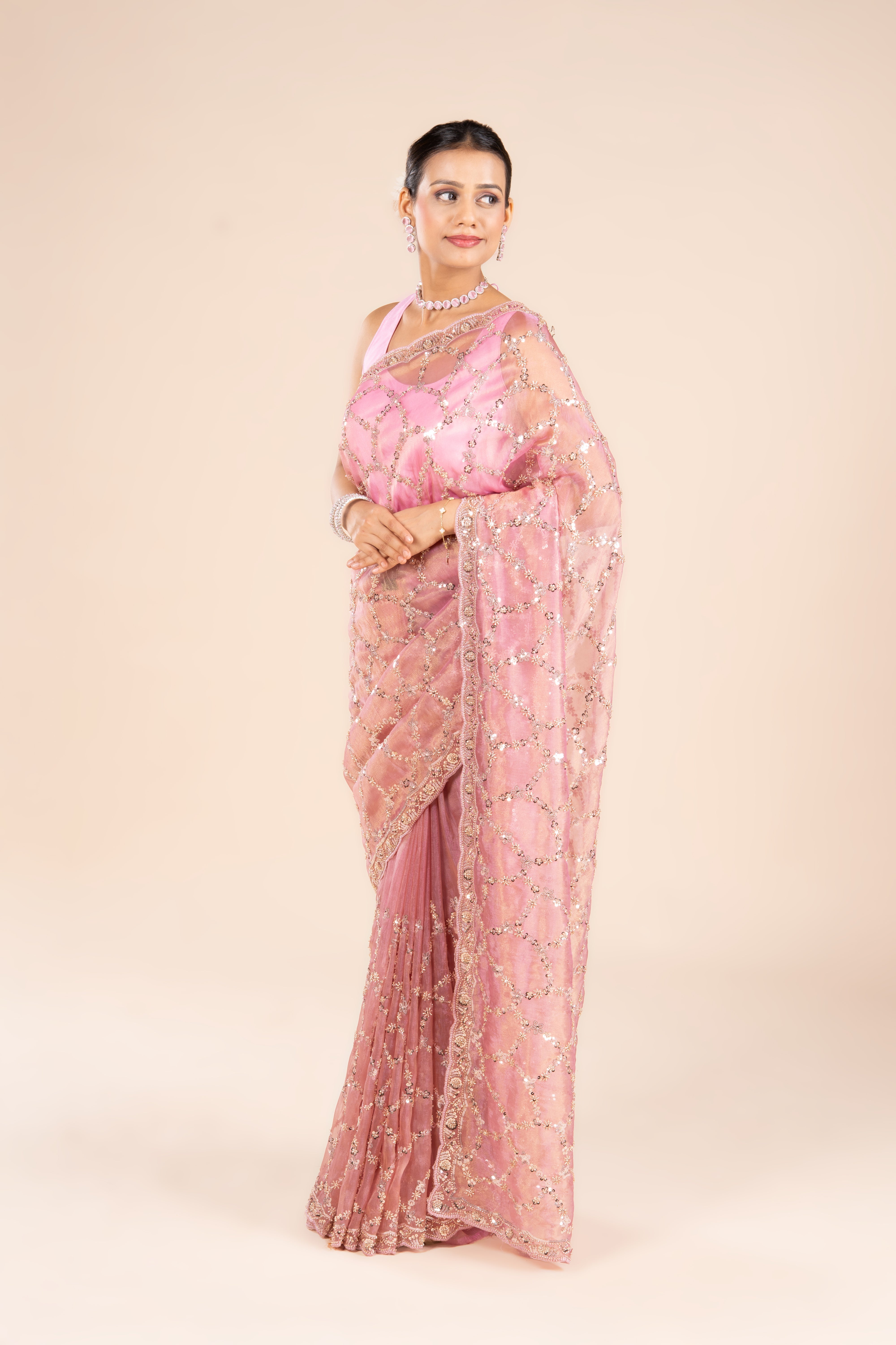 Pink Organza Saree with Stonework