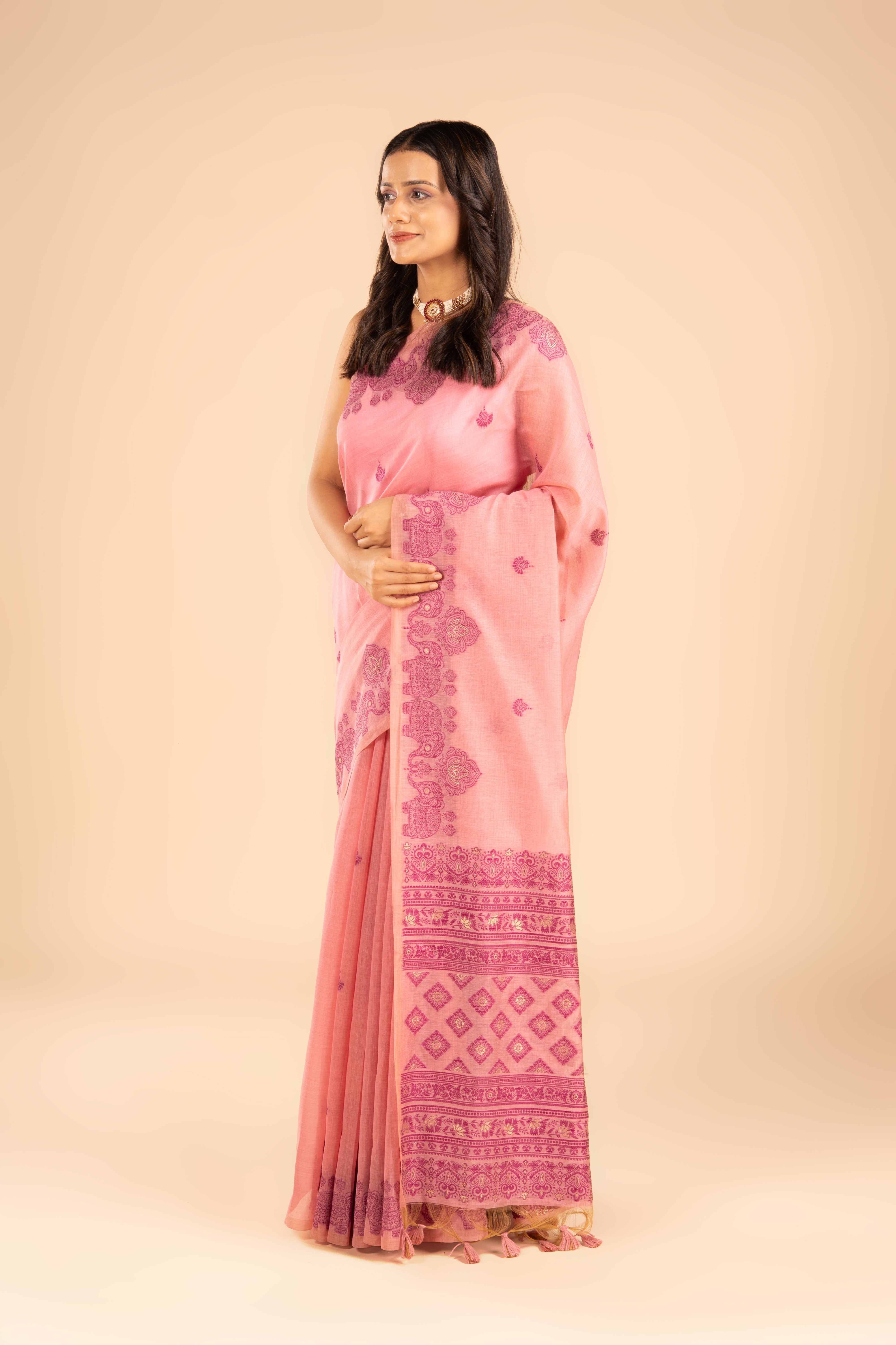 Pink Cotton Saree with Threadwork