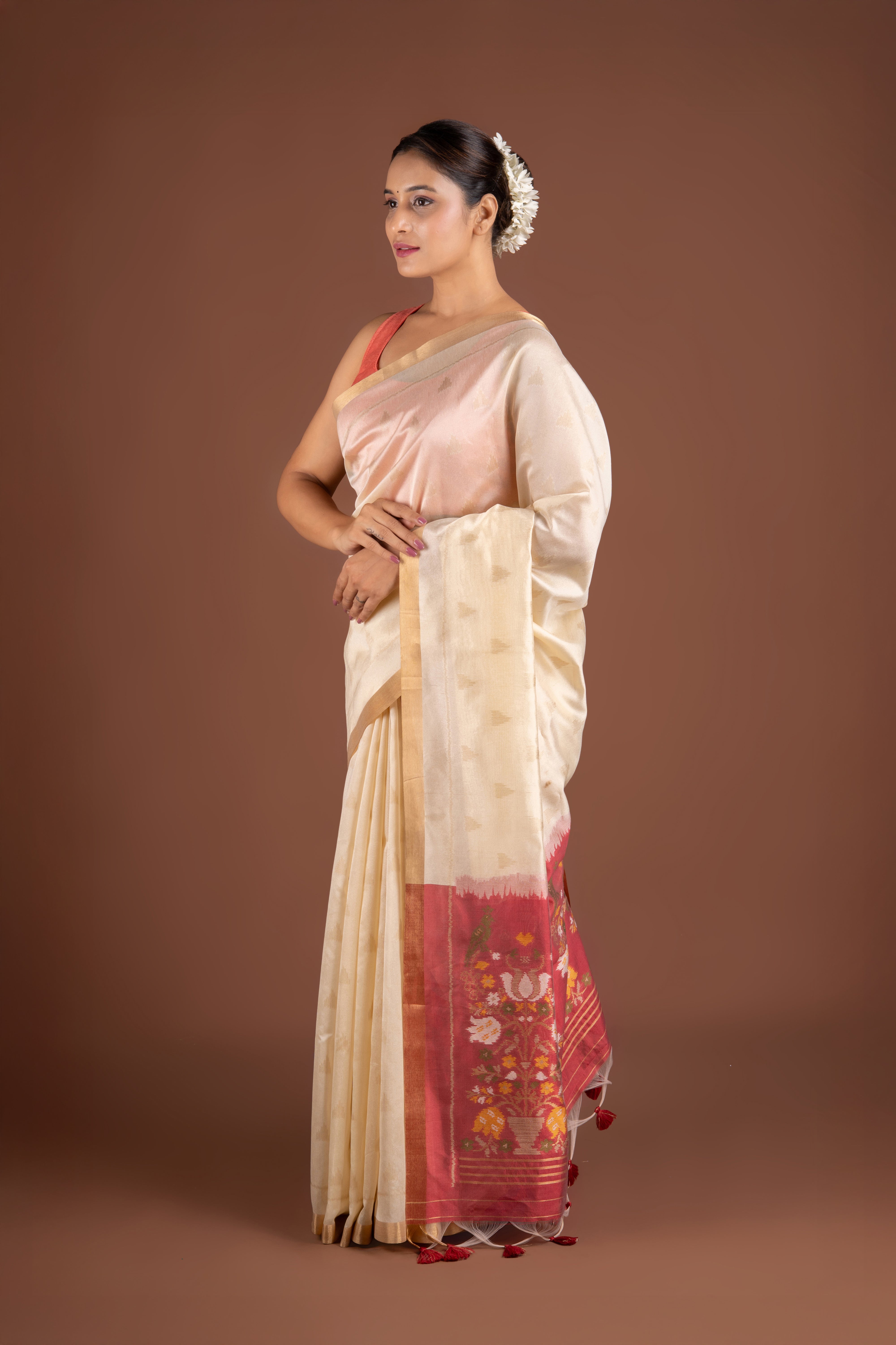 Cream Tussar Silk Saree