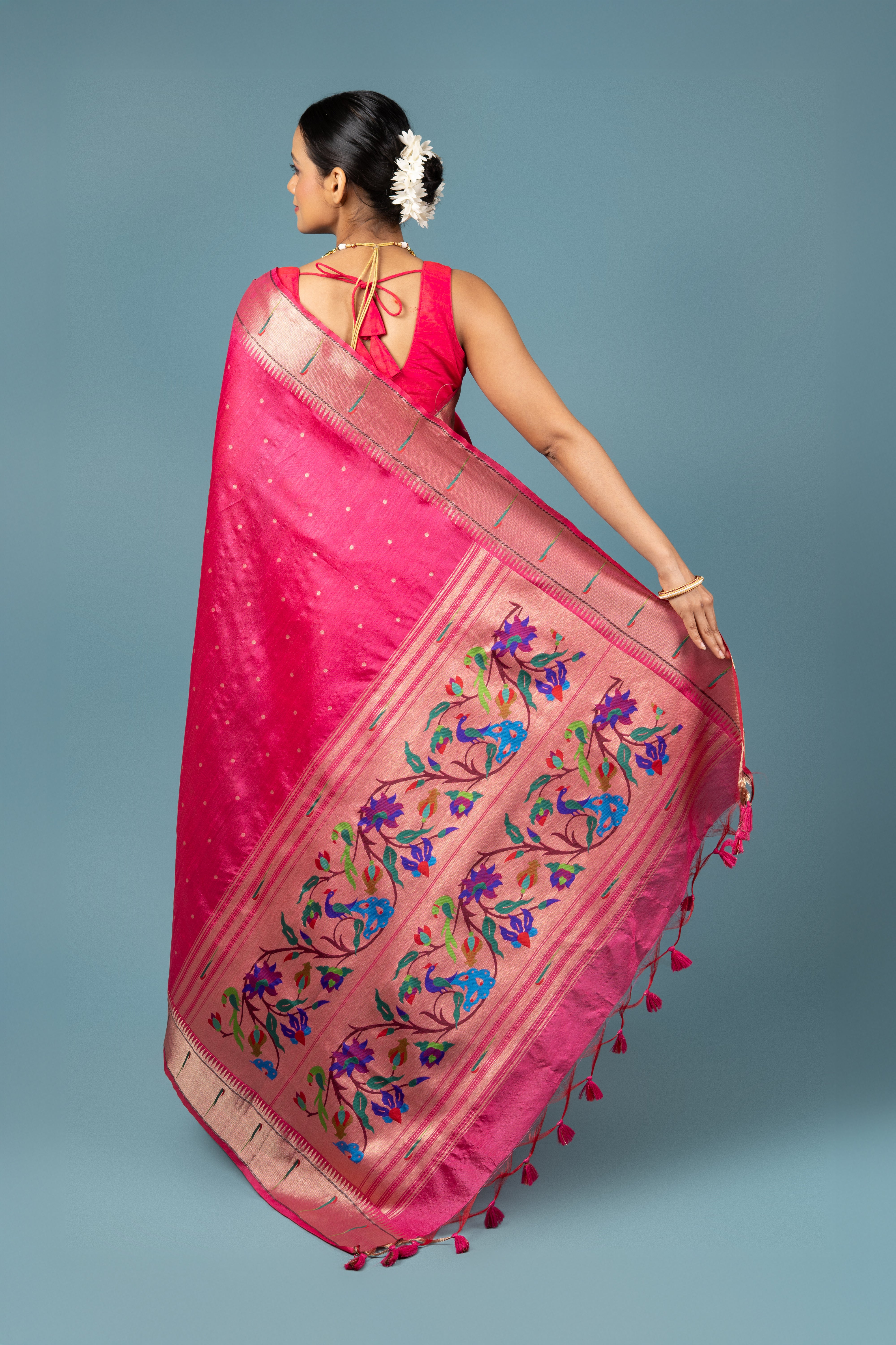 Rani Pink Tussar Silk Paithani Saree