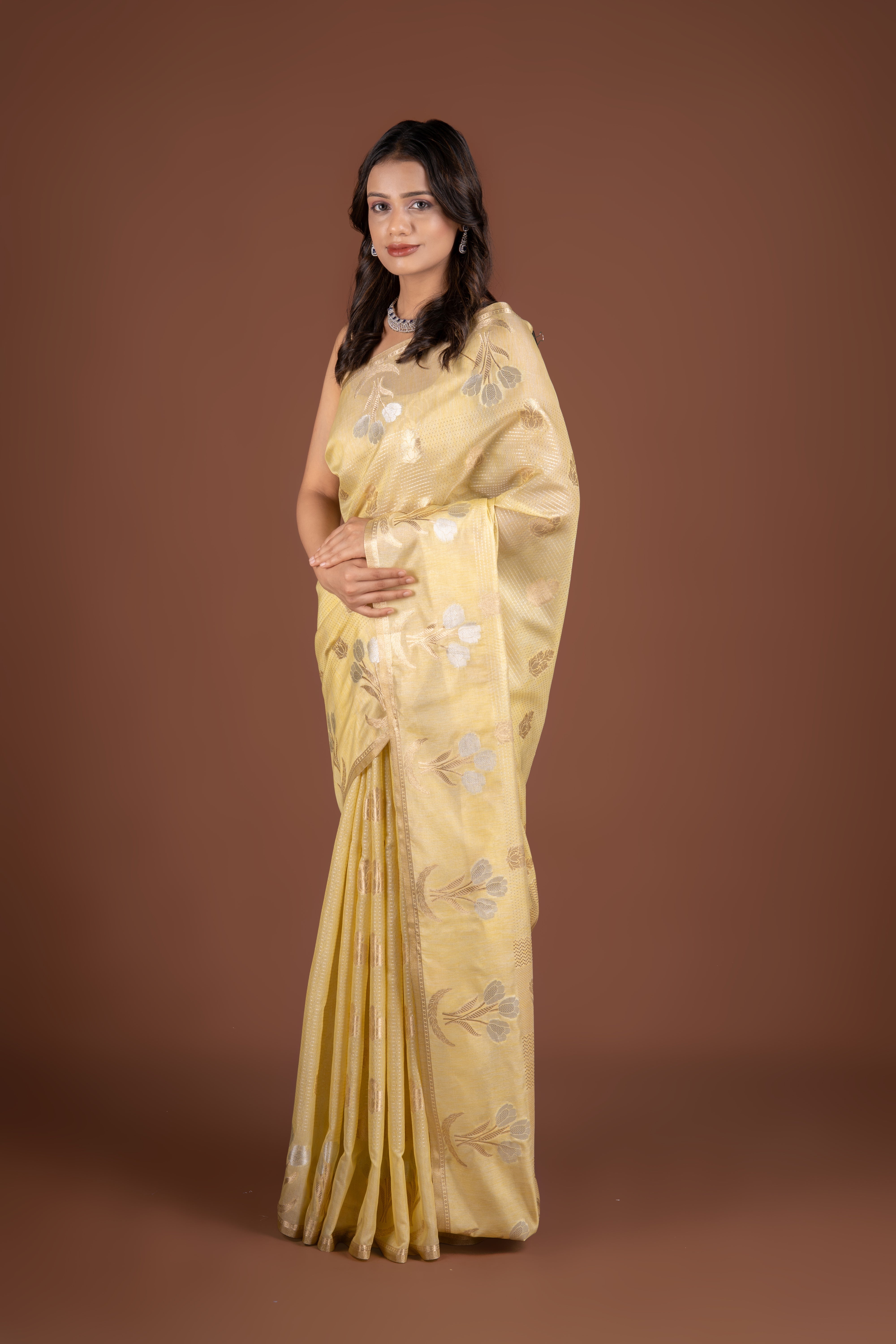 Pastel Yellow Tussar Silk Saree