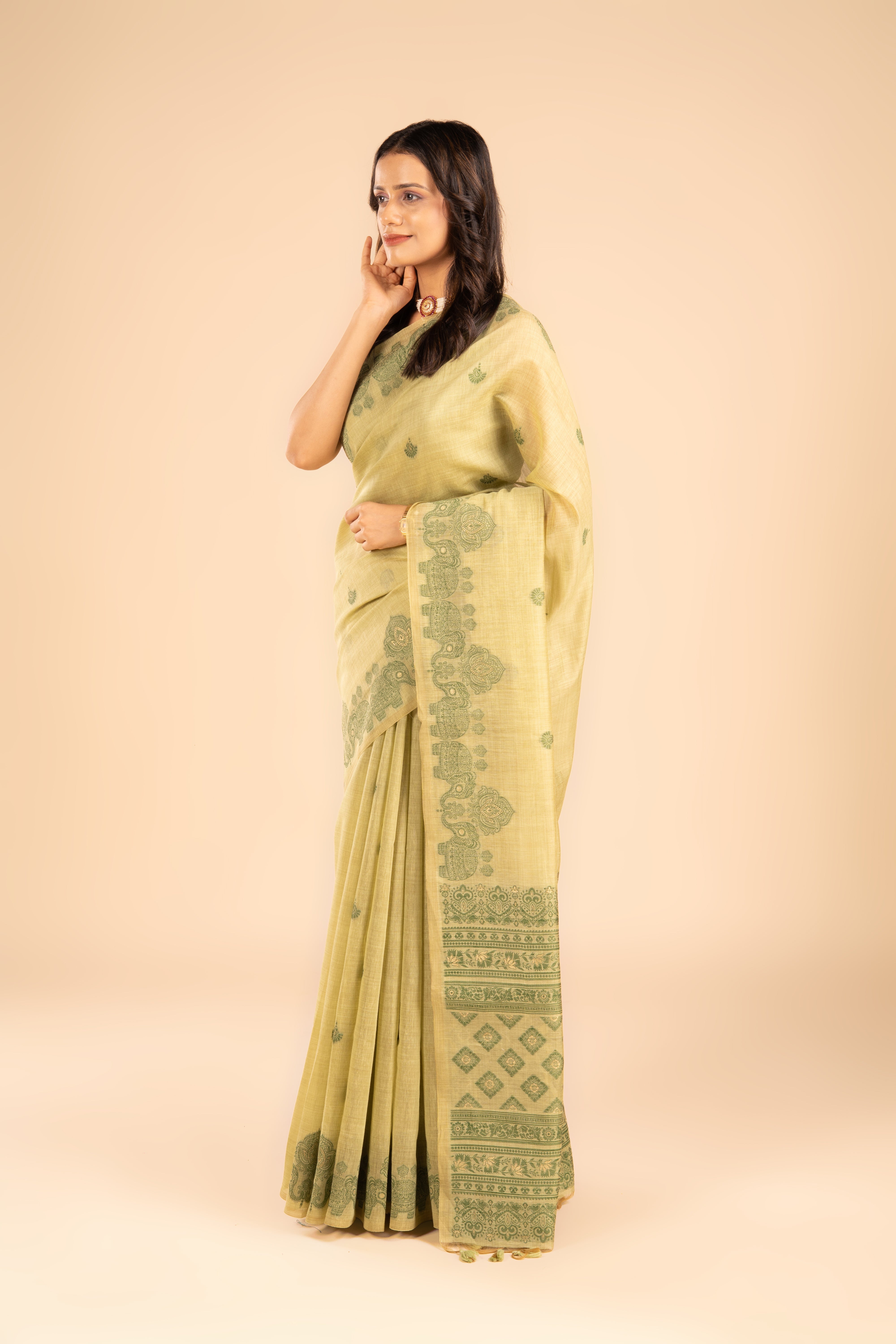 Green Cotton Saree with Threadwork