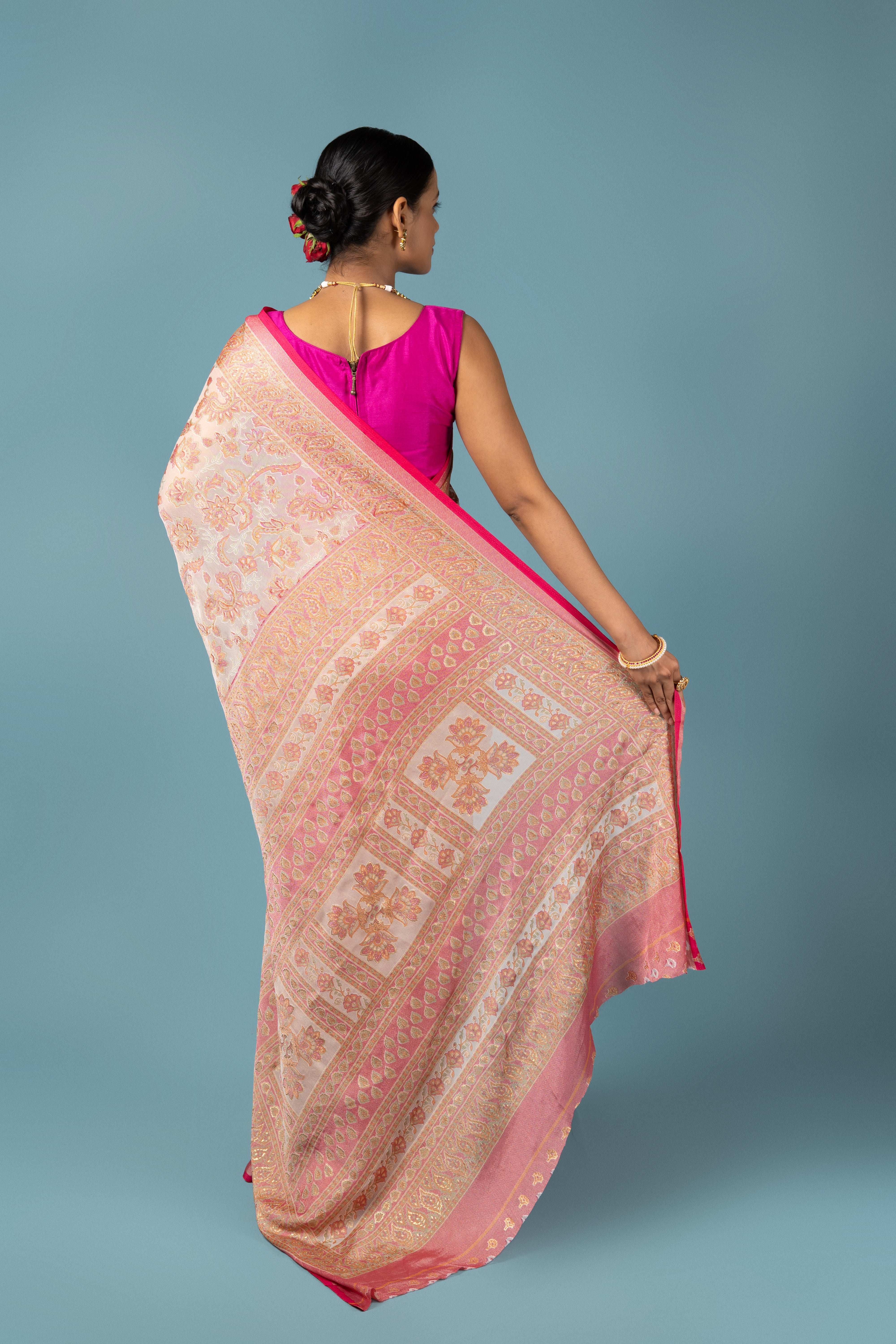 Cream Georgette Saree With Embossed Work