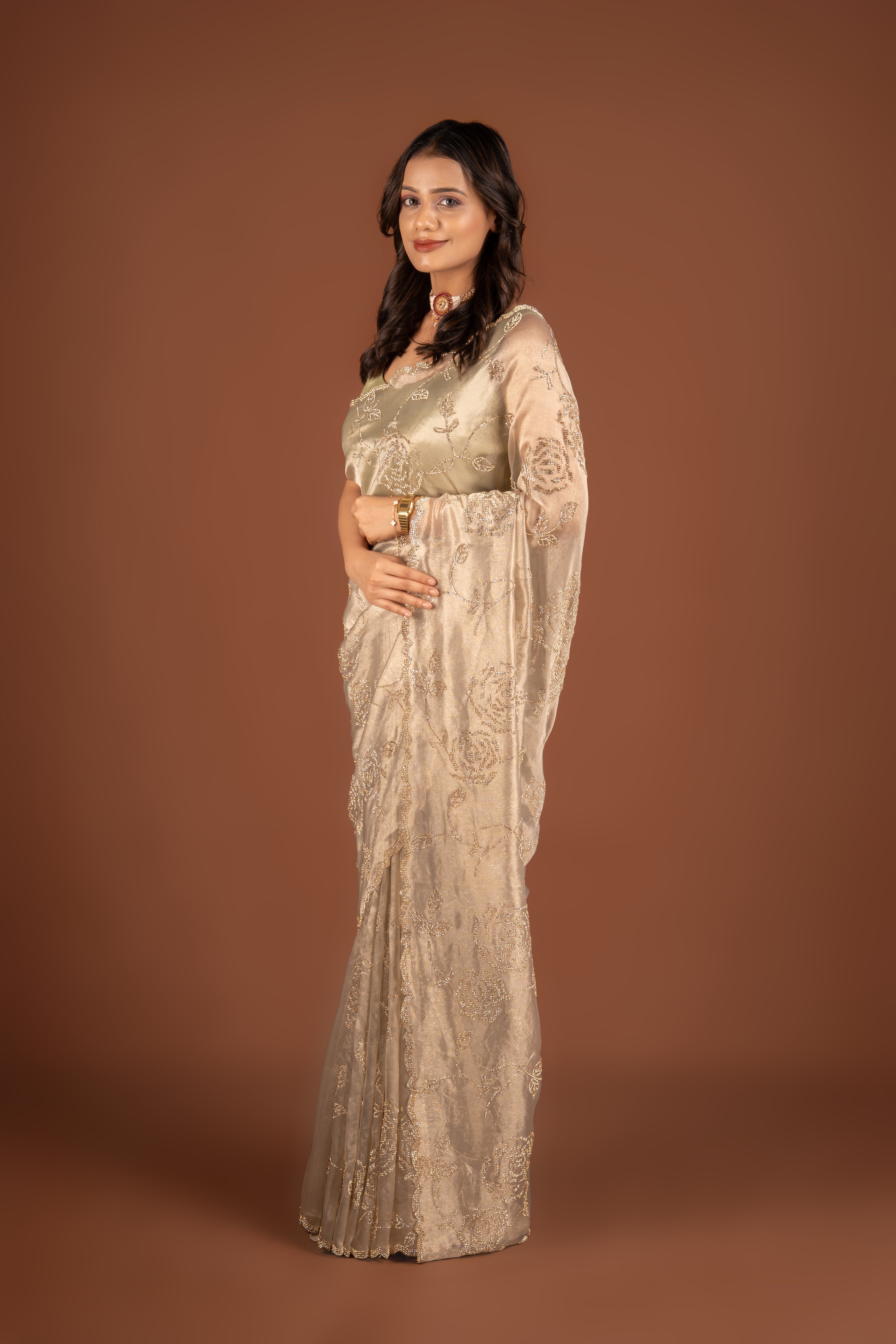 Brown Organza Saree with Stonework