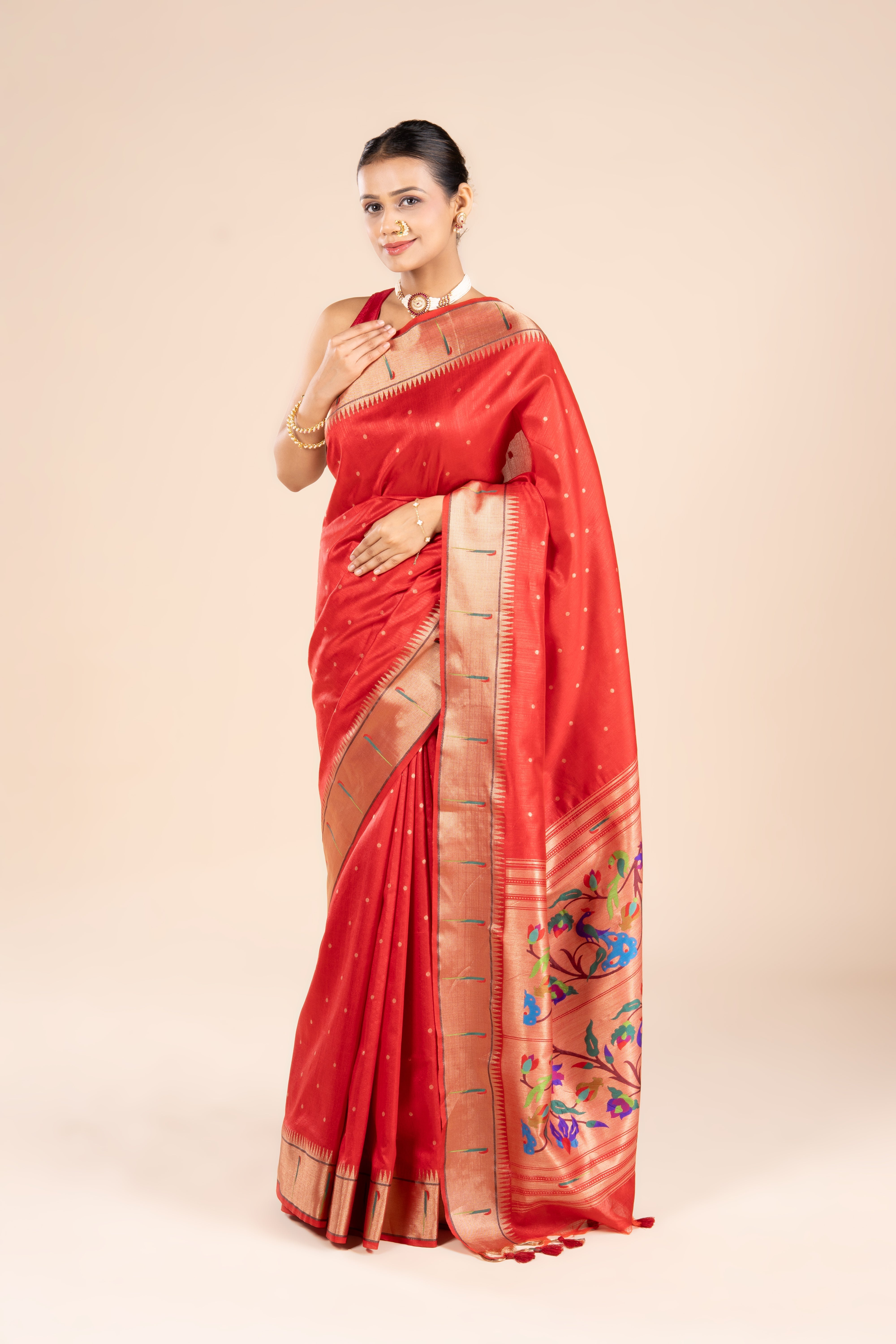 Red Tussar Silk Paithani Saree with Munya Border