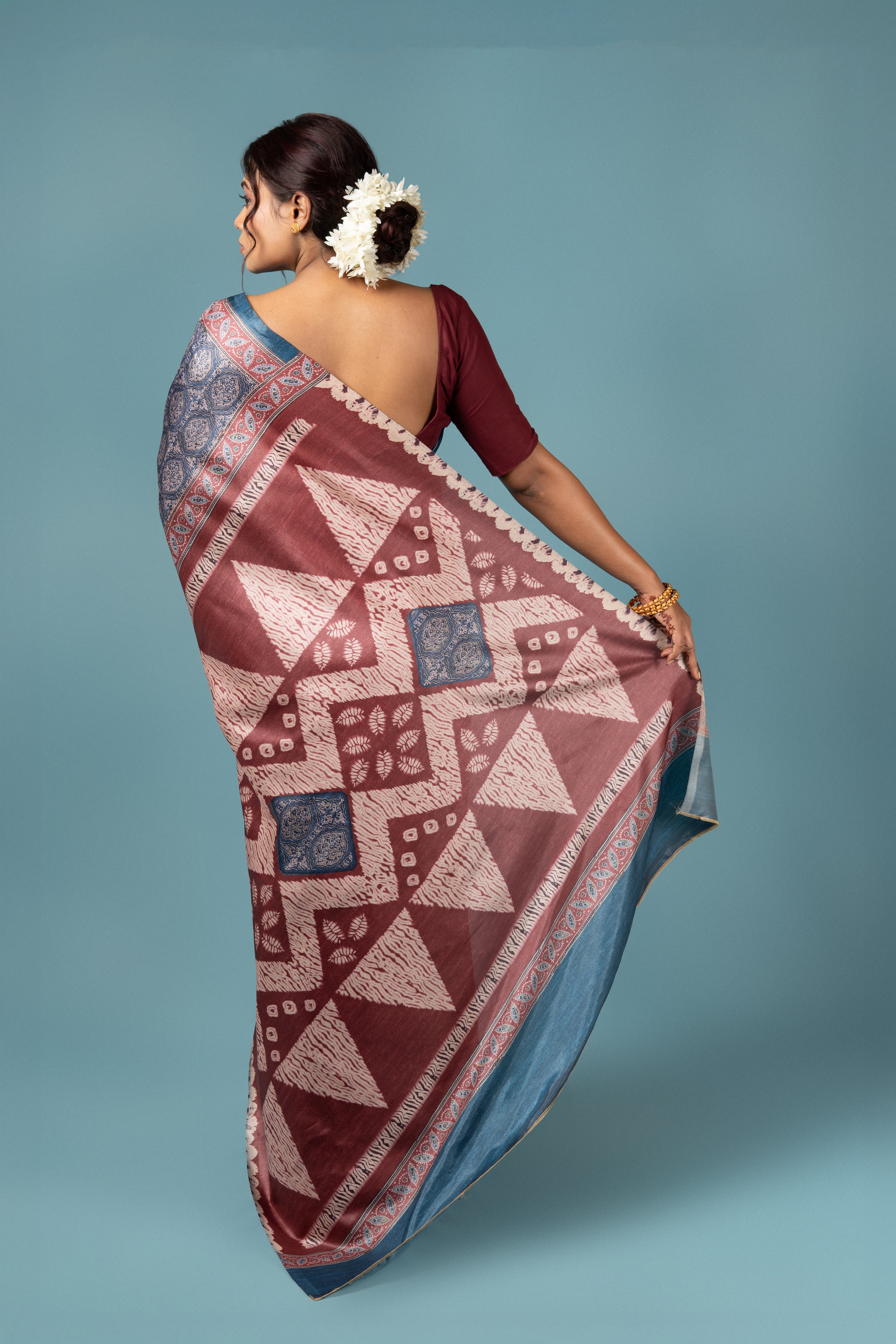 Blue Crepe Saree with Ajrak Print