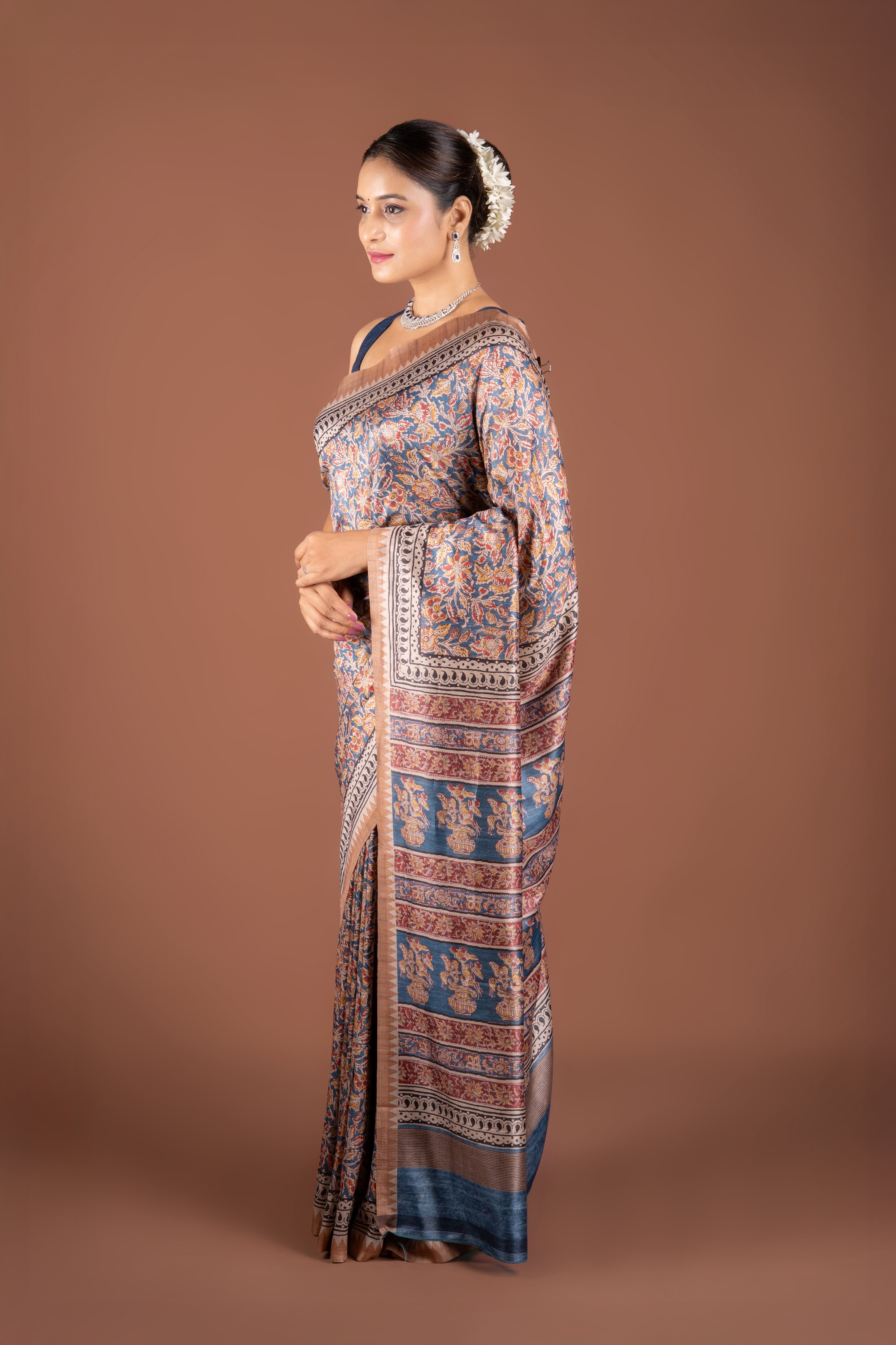 Blue Dupion Silk Saree with Floral Print