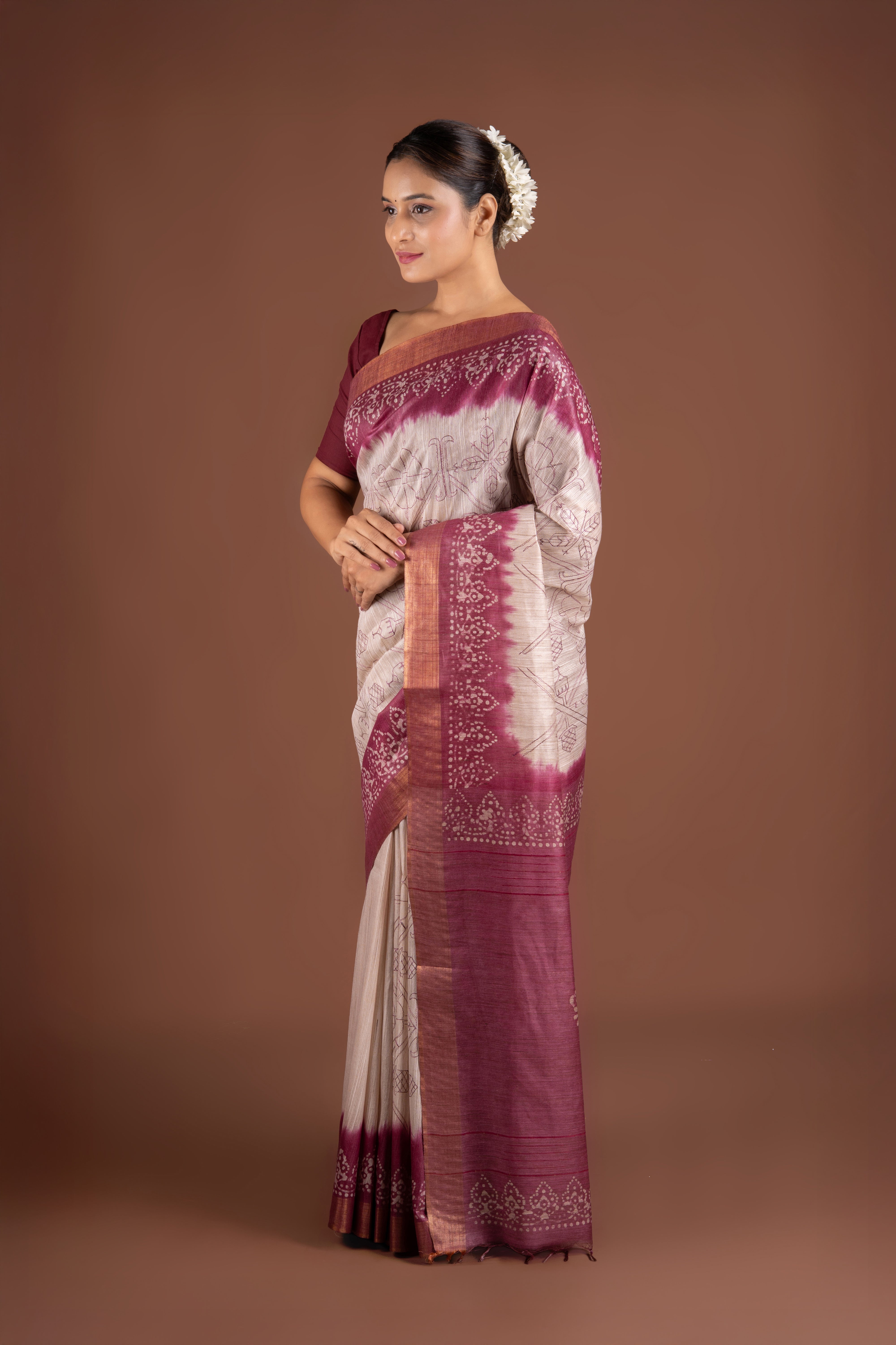 Cream and Pink Khadi Silk Saree with Batik Print