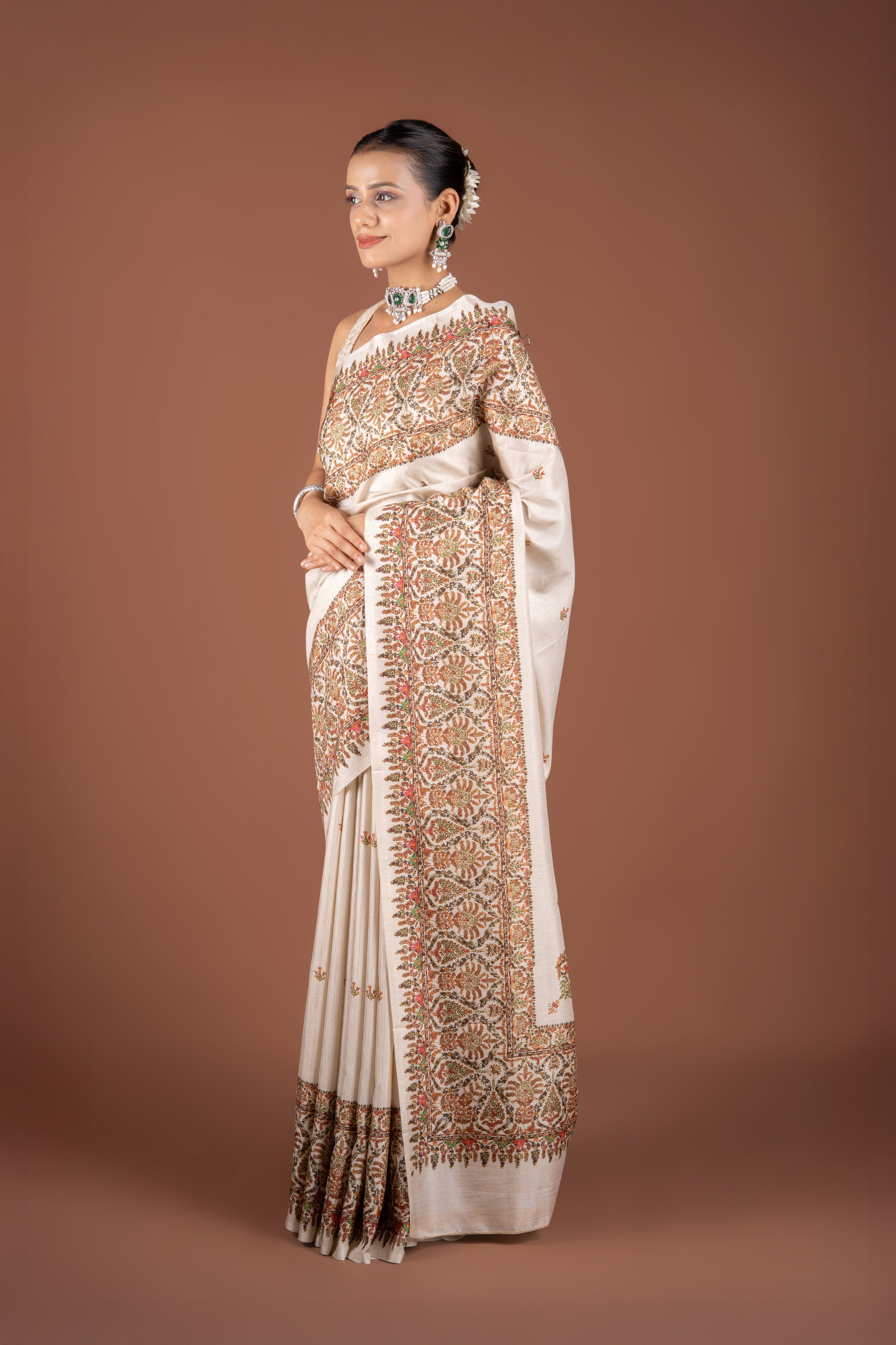 Cream Tussar Silk Saree with Block Print