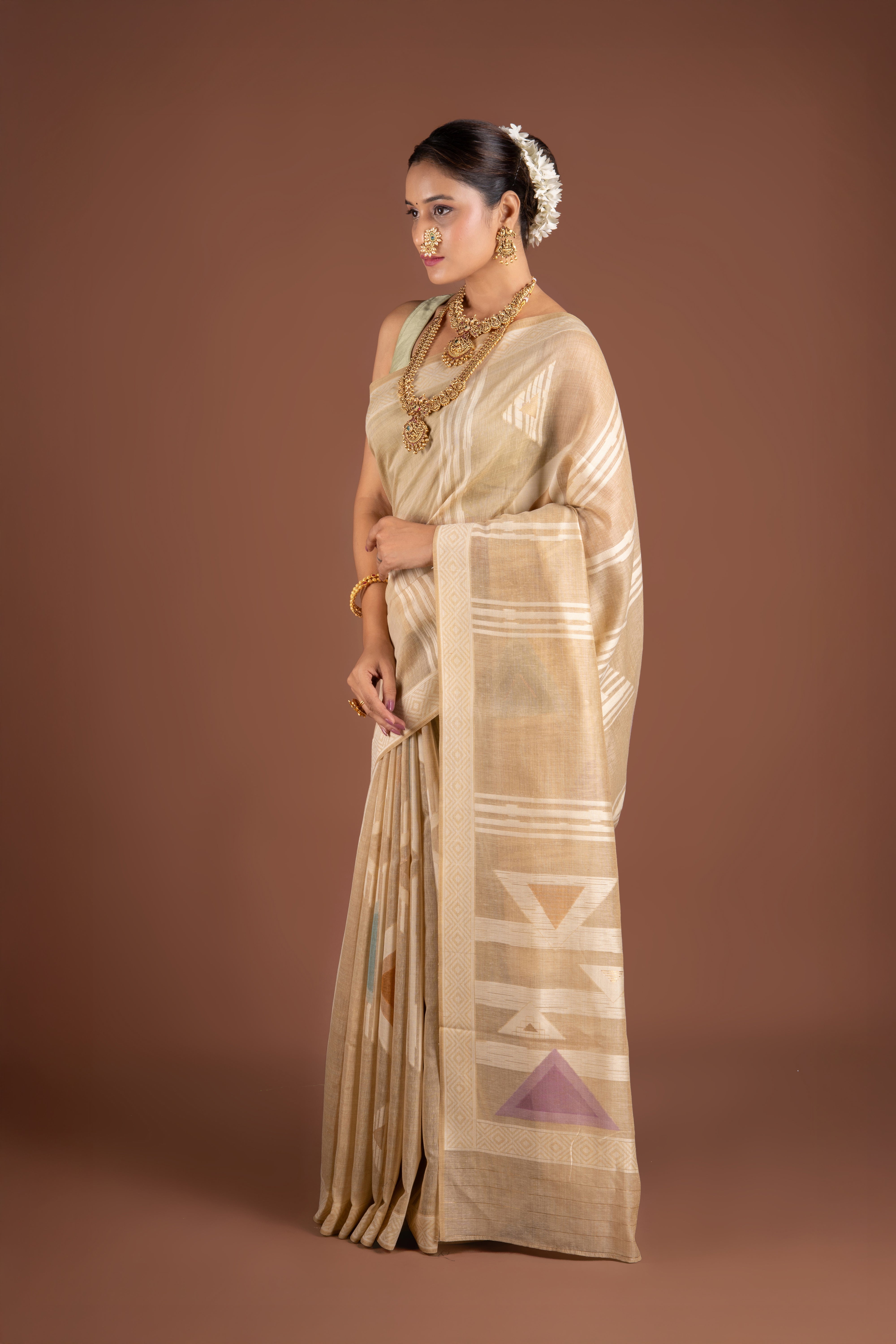 Earthy Beige Cotton Saree with Geometric pattern