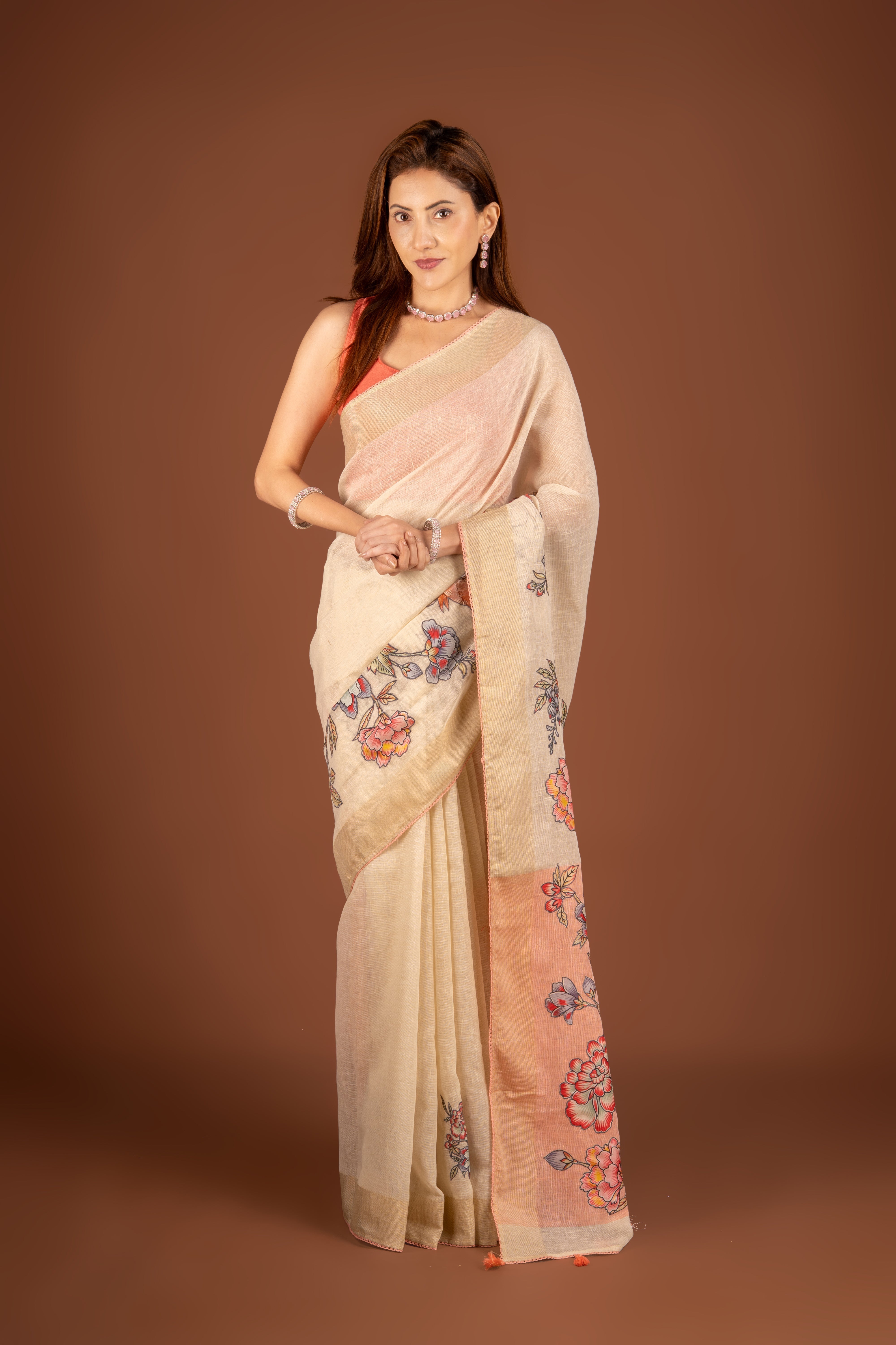 Cream Silk Jute Saree