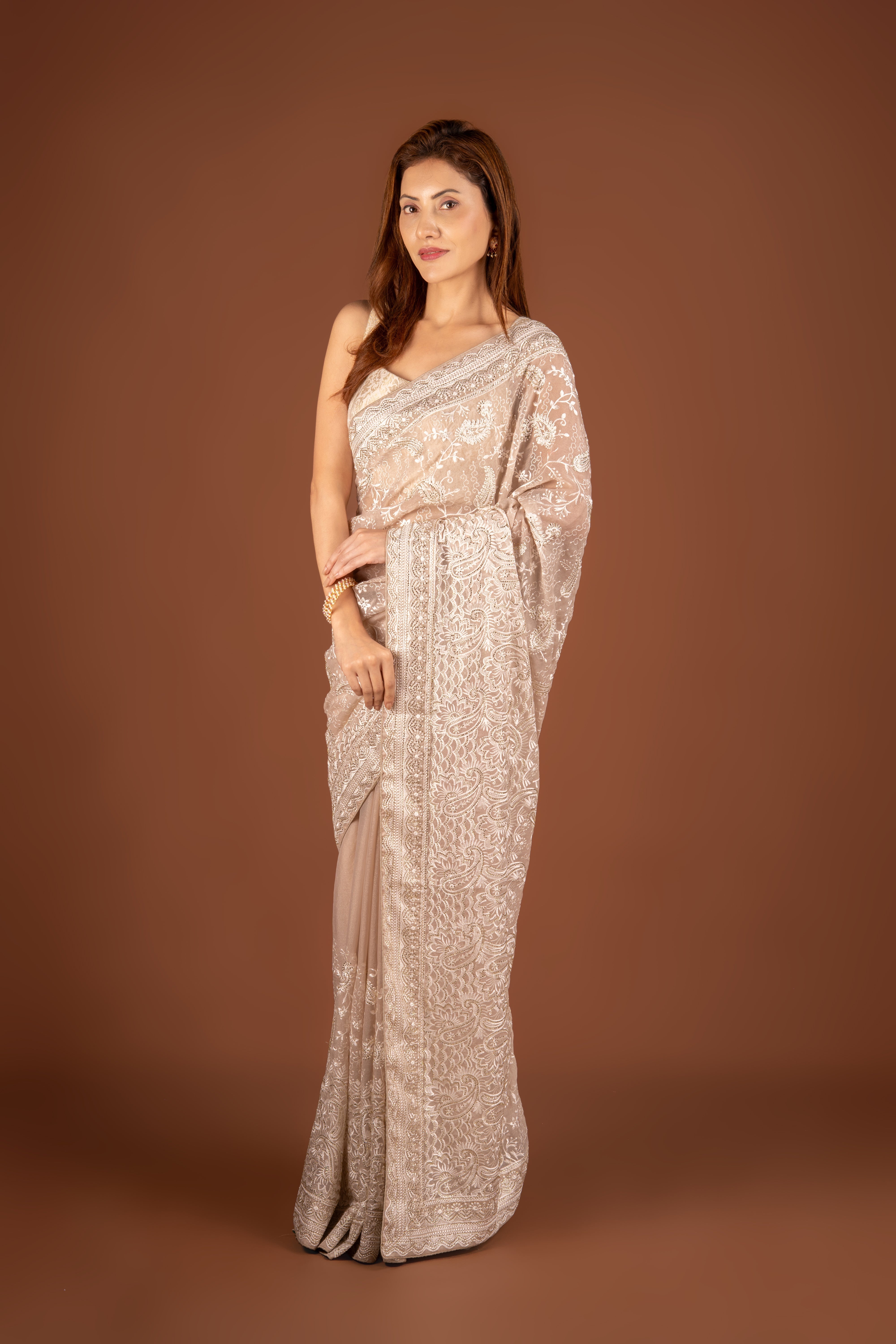 Beige Organza Saree with Stonework