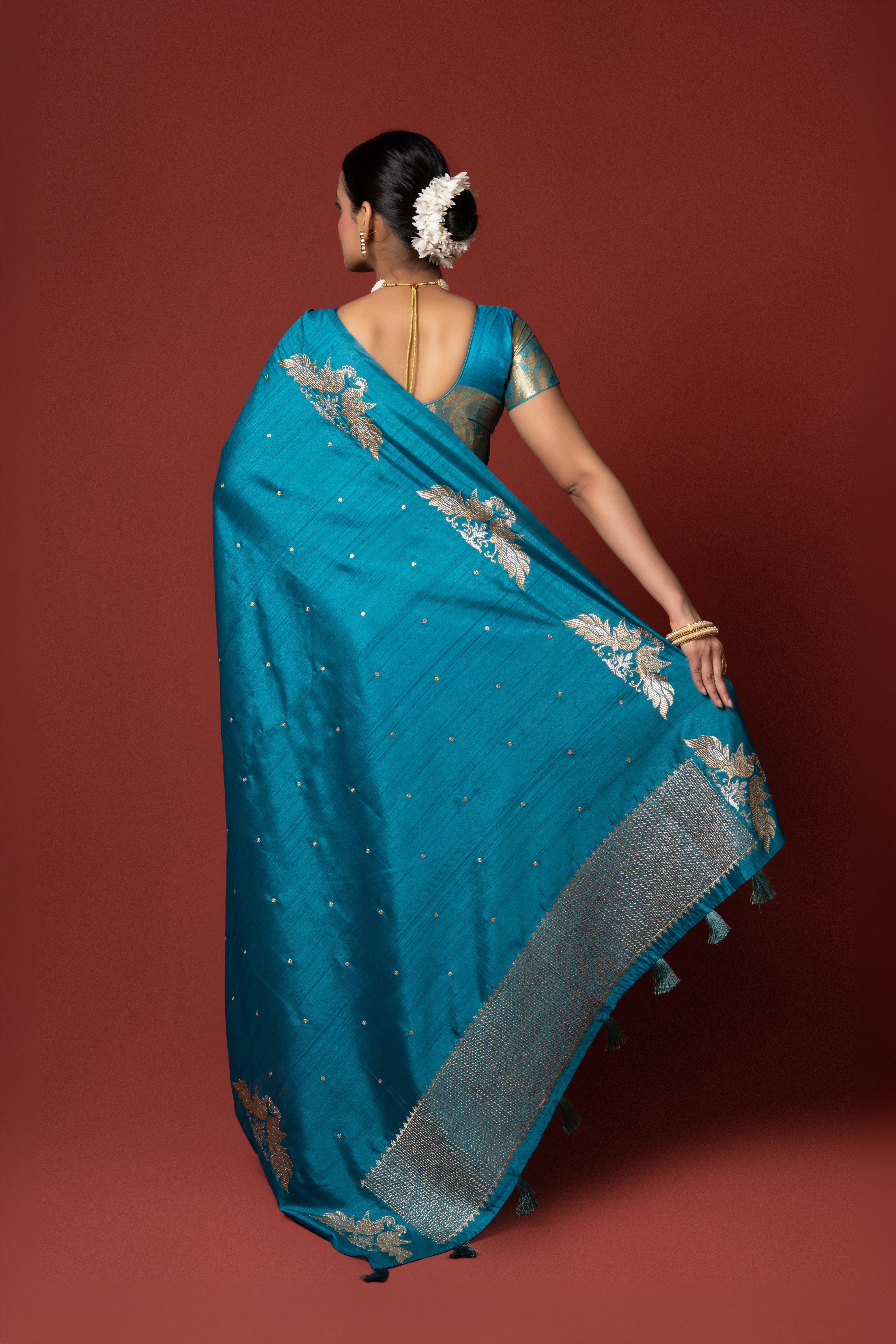 Teal Tussar Silk Saree