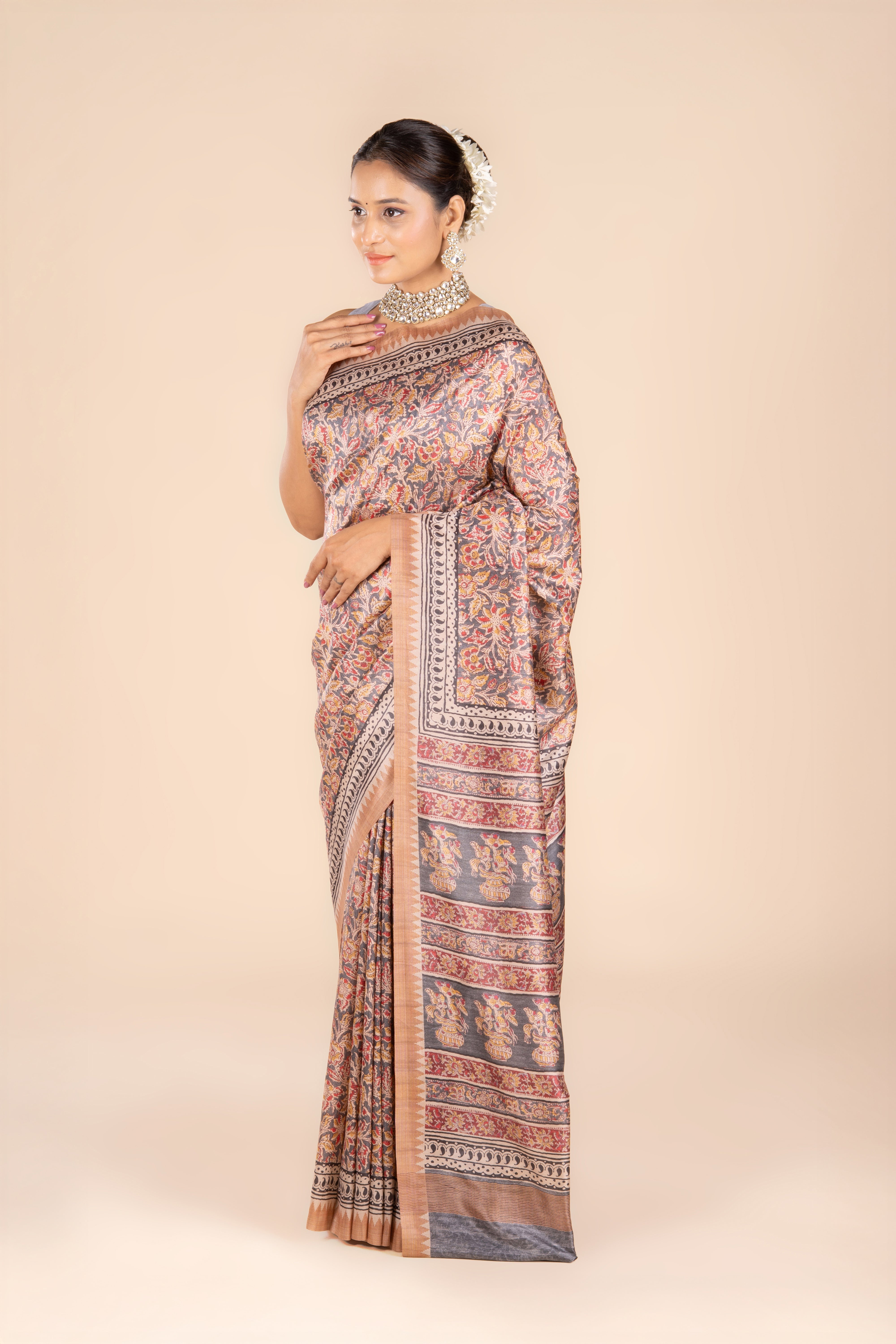 Grey Dupion Silk Saree with Floral Print