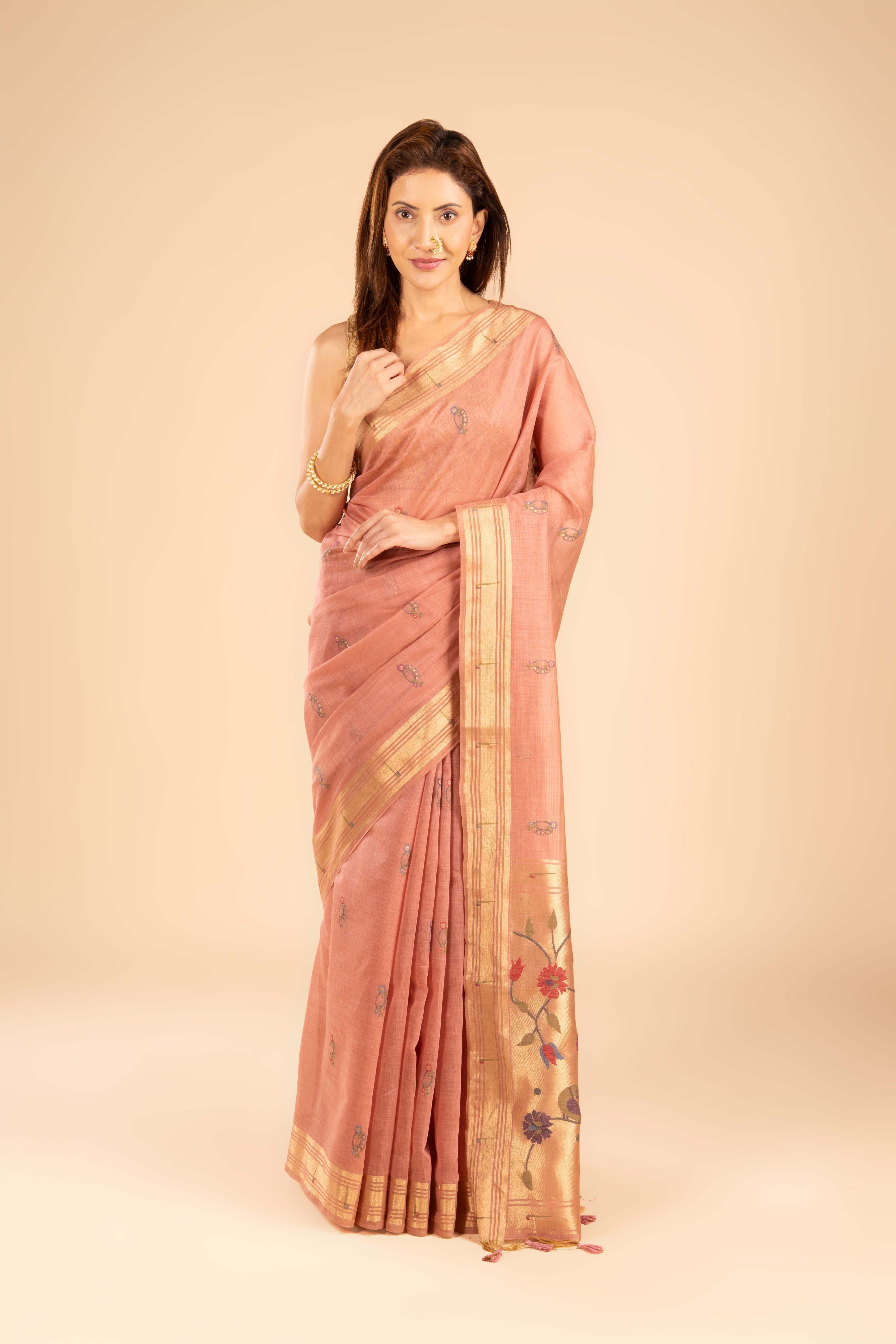 Dusty Pink Cotton Paithani Saree