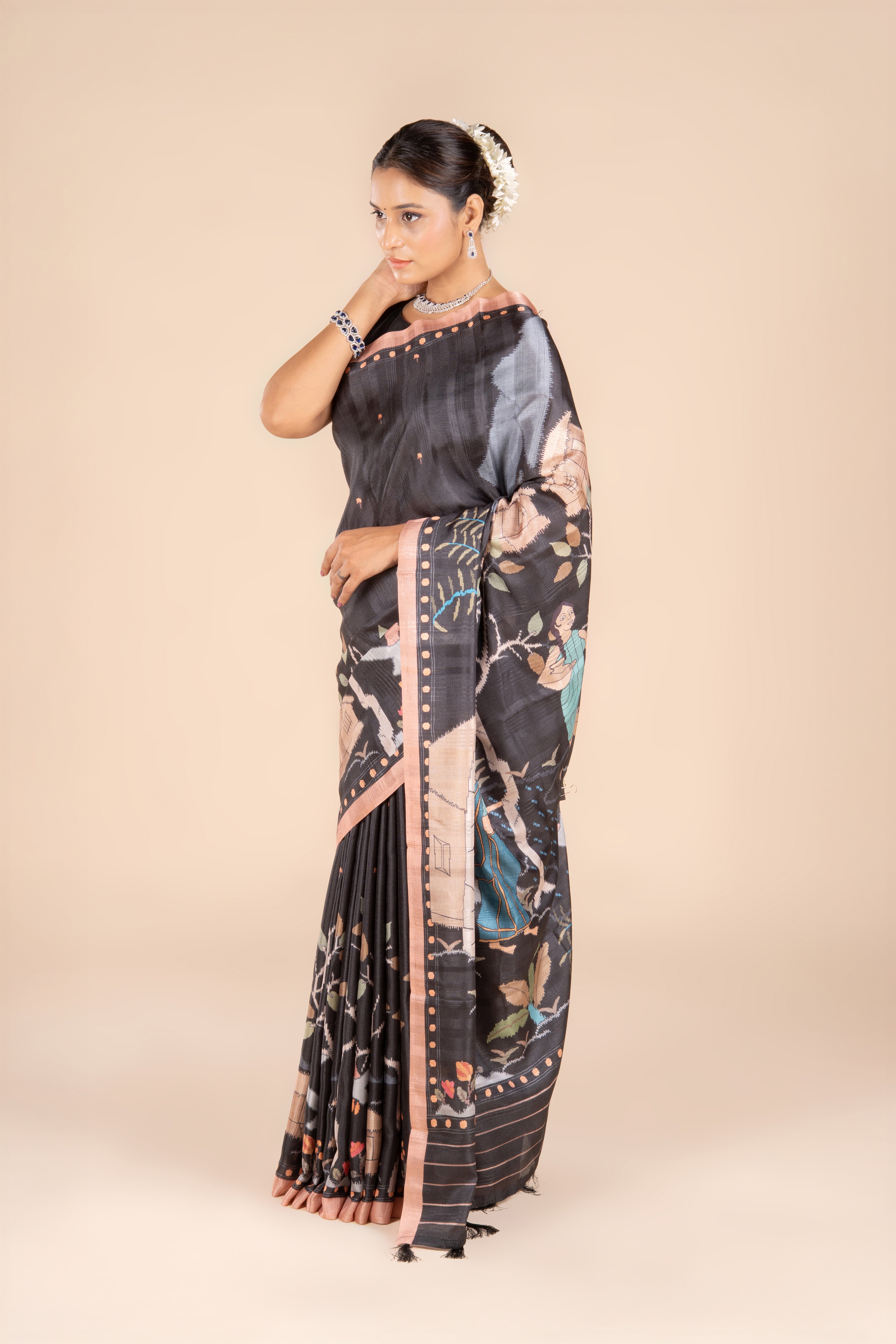 Dark Grey Tussar Silk Saree with Ajrak Print