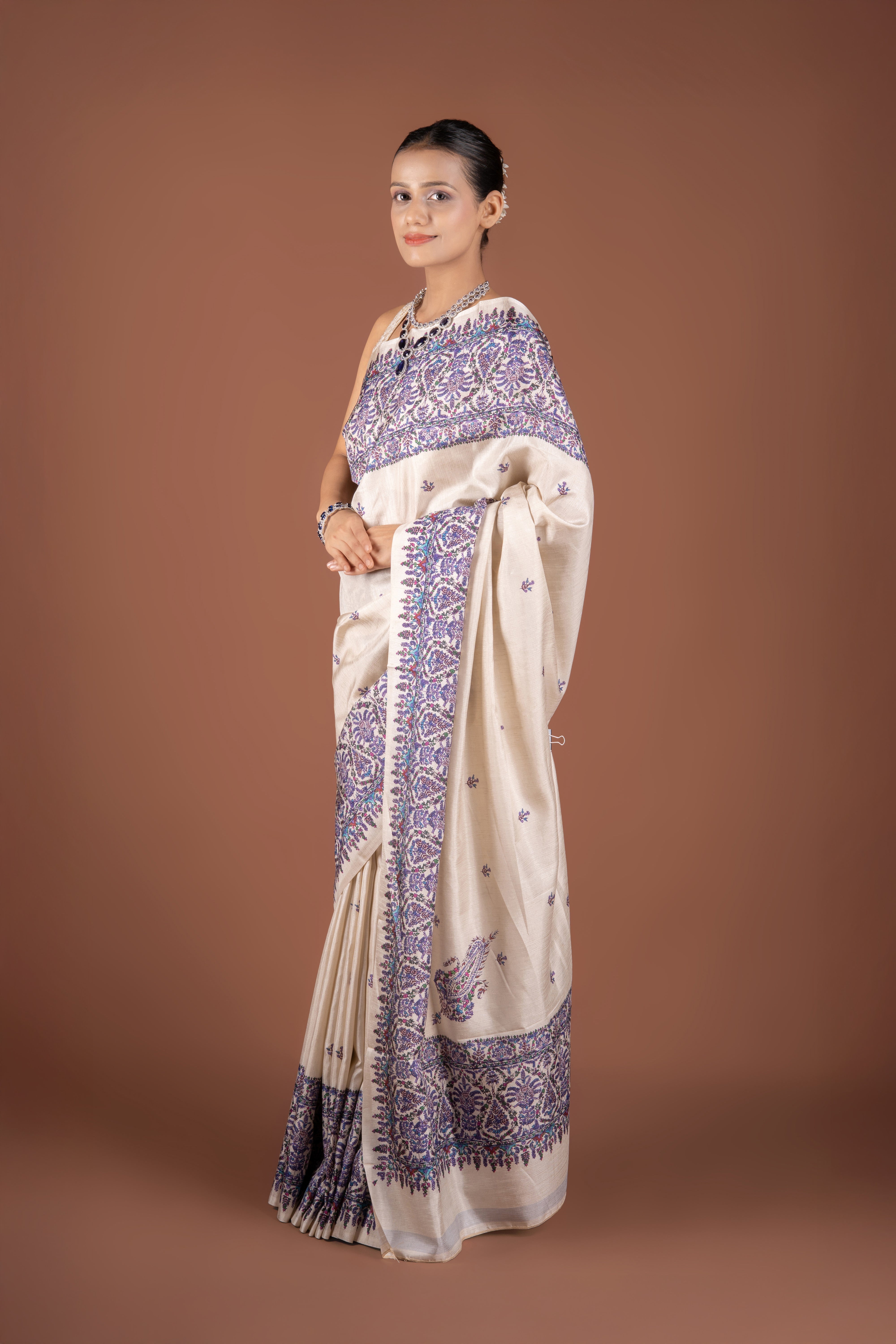 Cream Tussar Silk Saree with Block Print