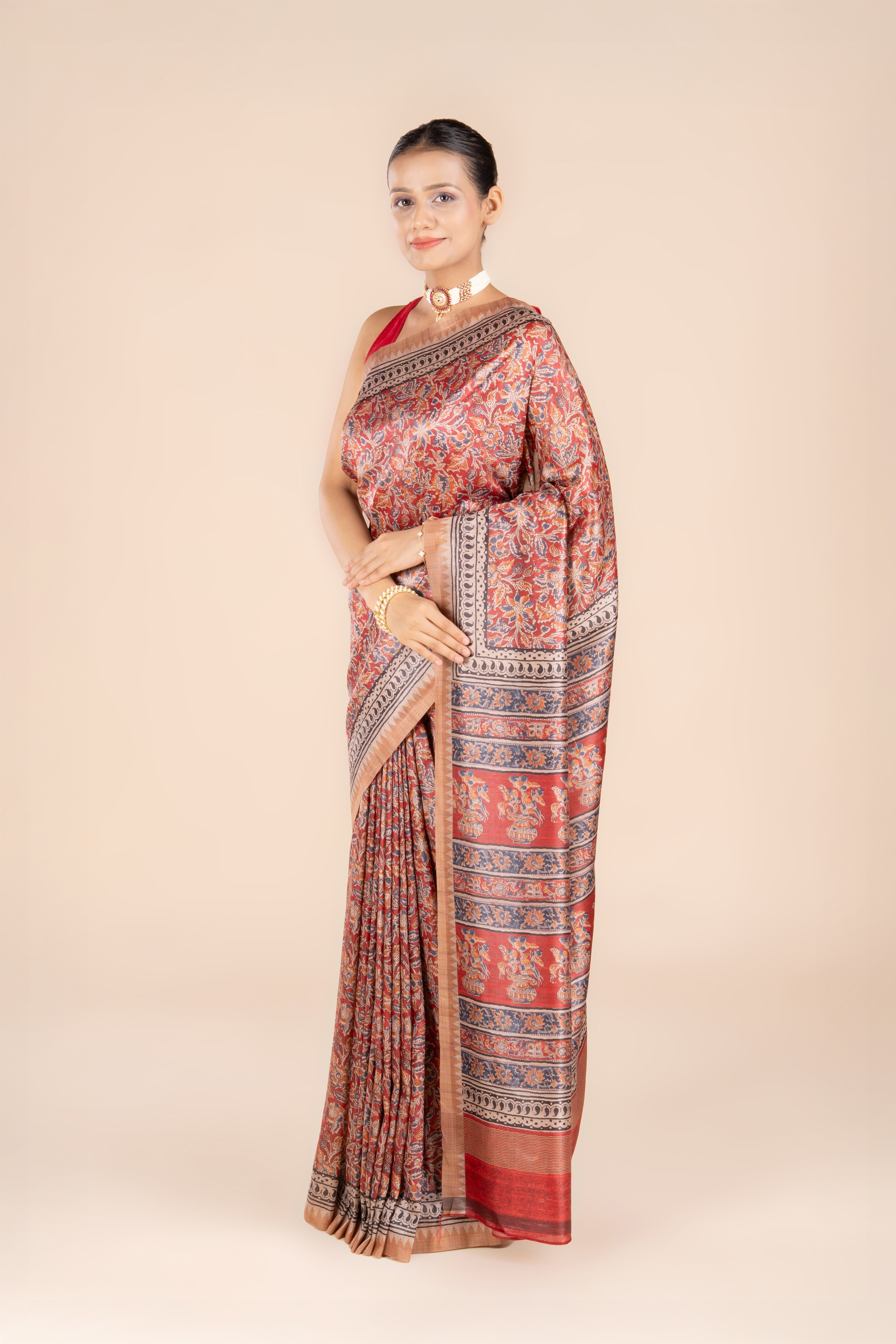 Red Dupion Silk Saree with Floral Print