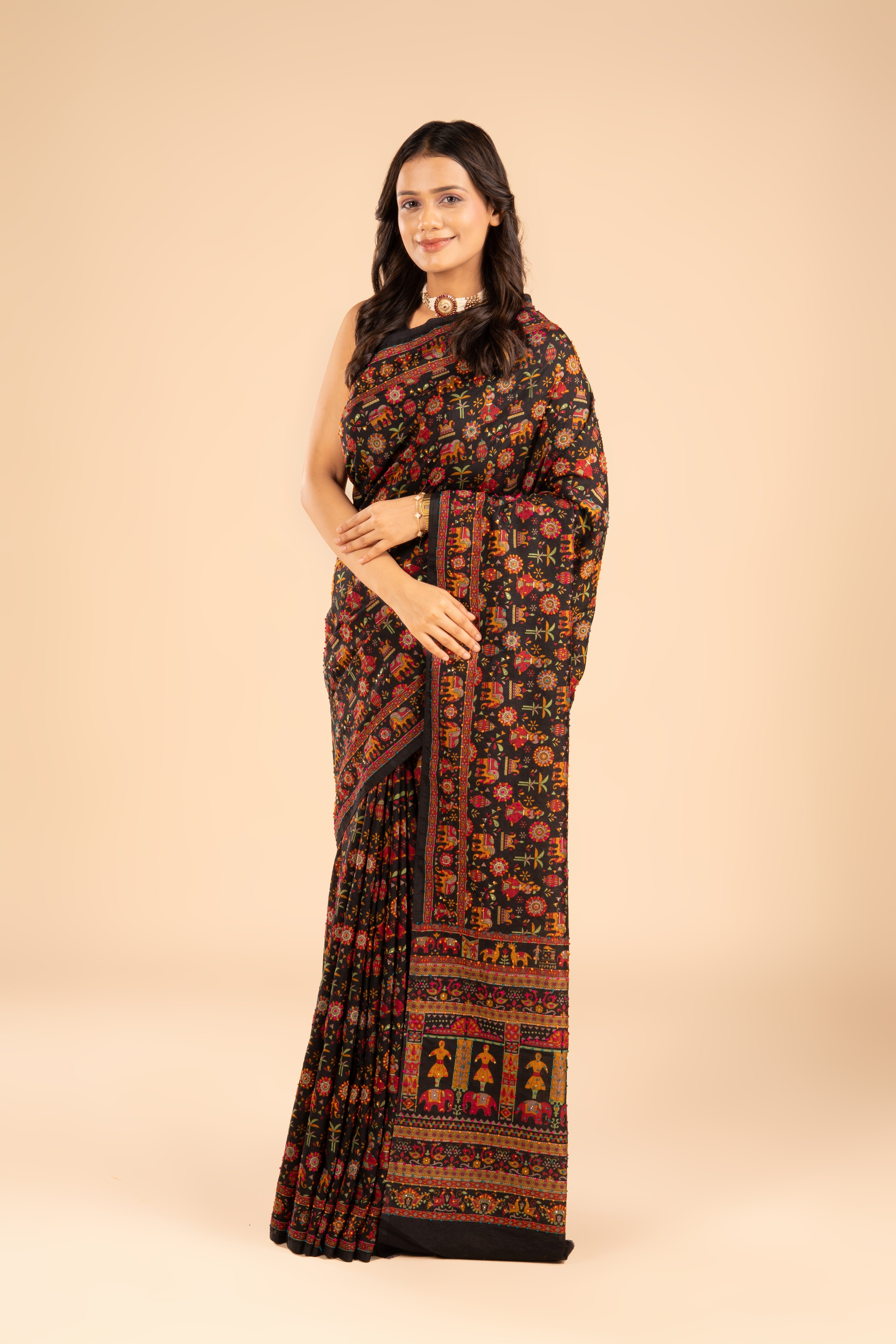 Black Tussar Silk Saree with French Knot threadwork