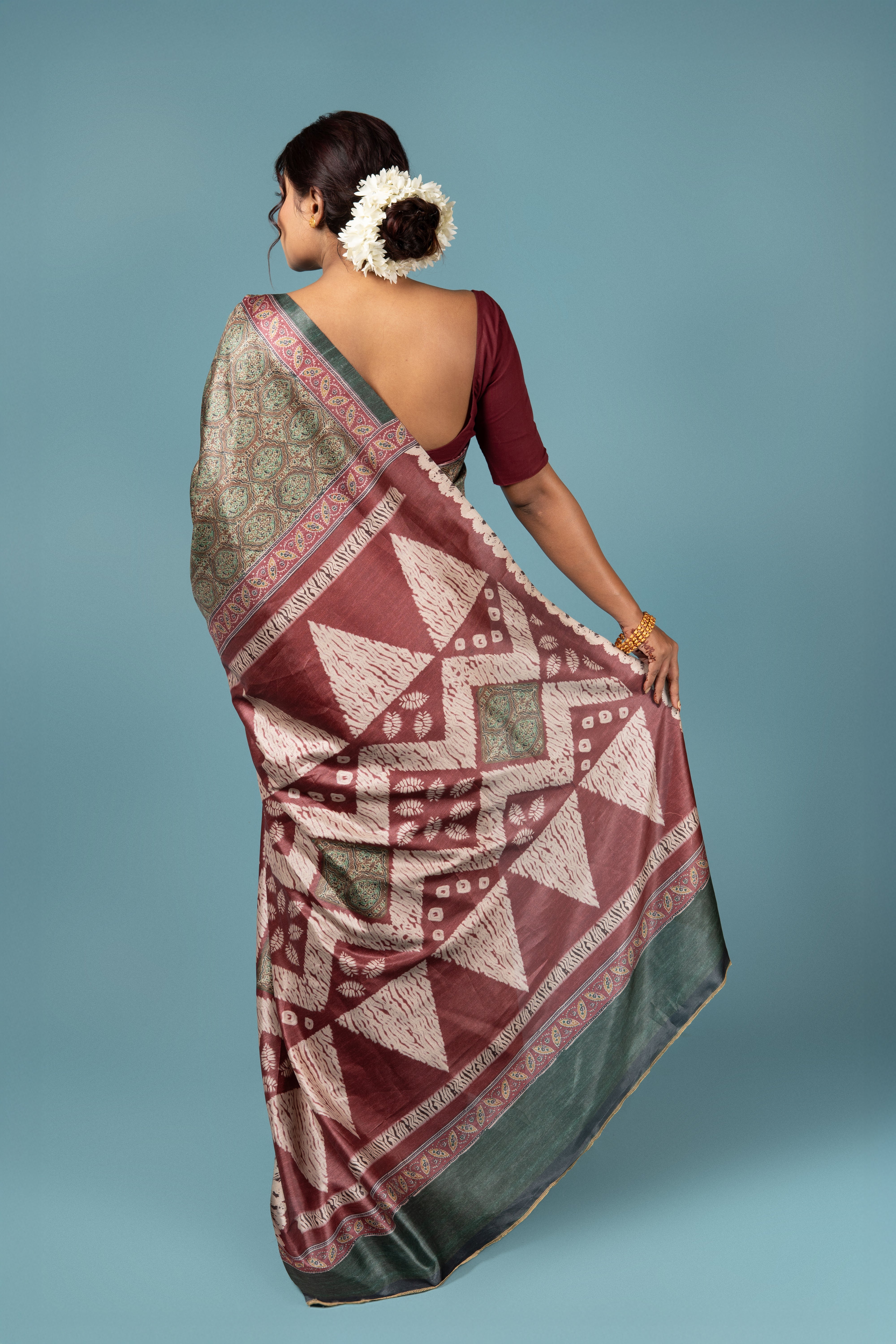 Green Crepe Saree with Ajrak Print