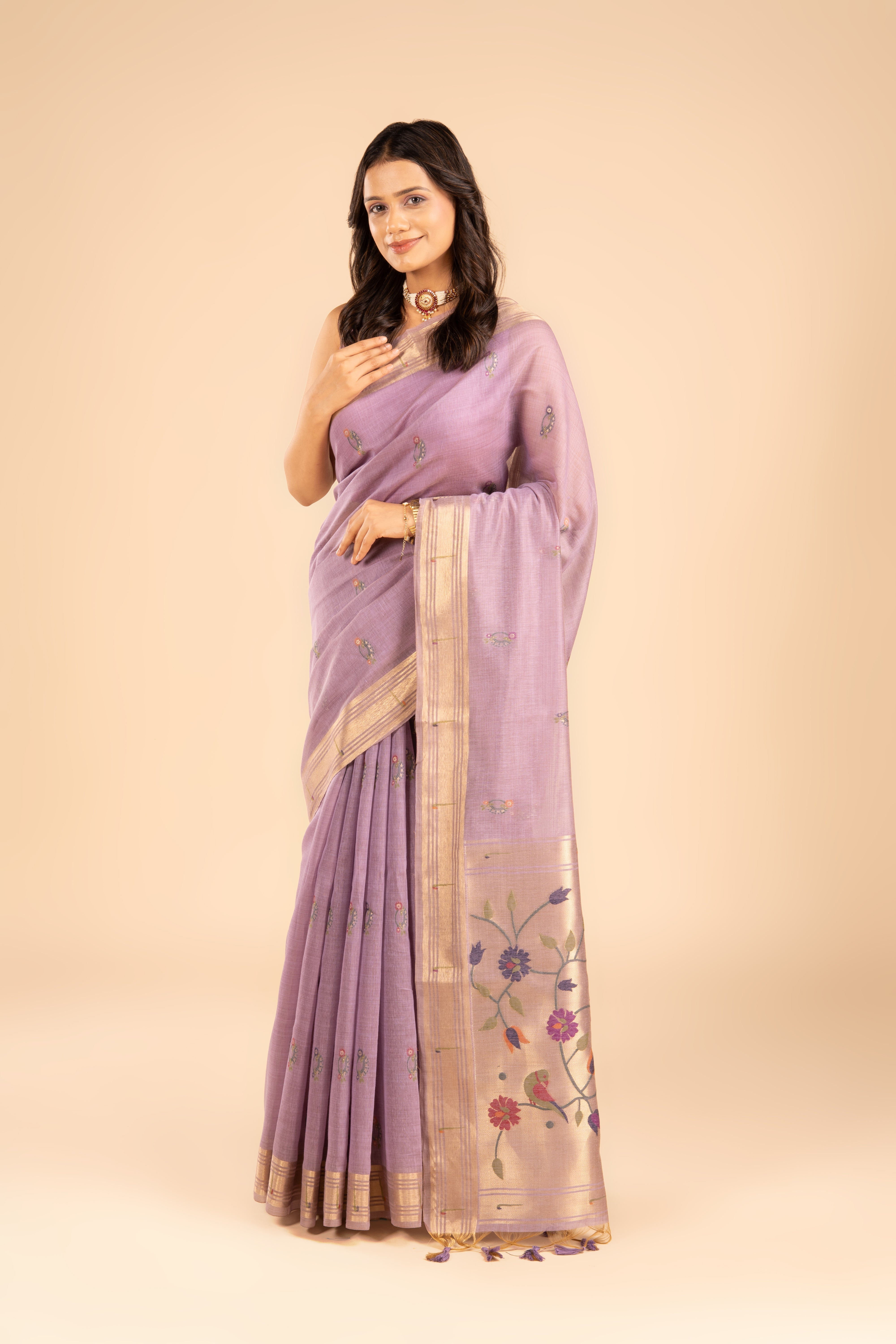 Pastel Purple Cotton Paithani Saree
