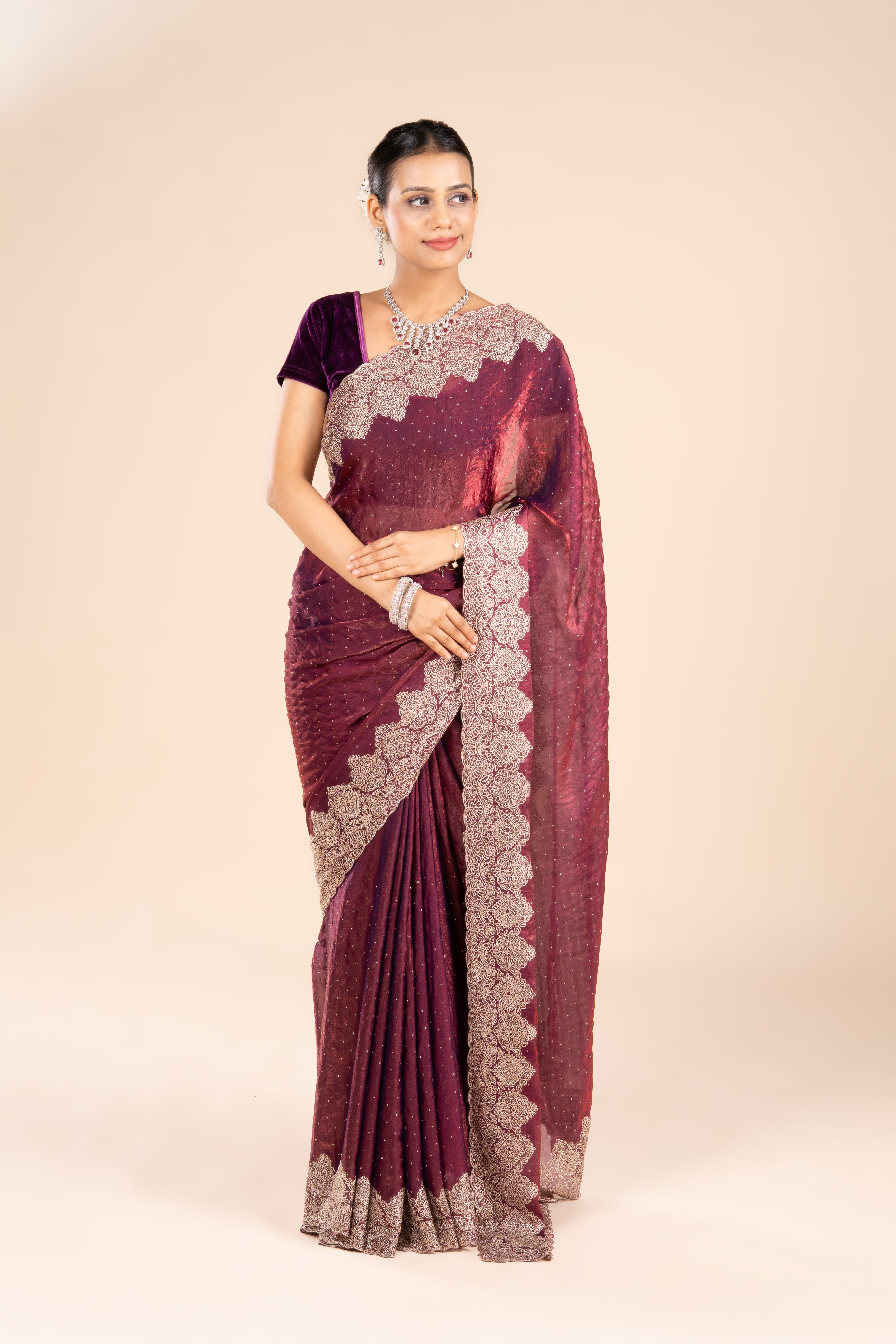 Maroon Organza Saree with Swarowski work