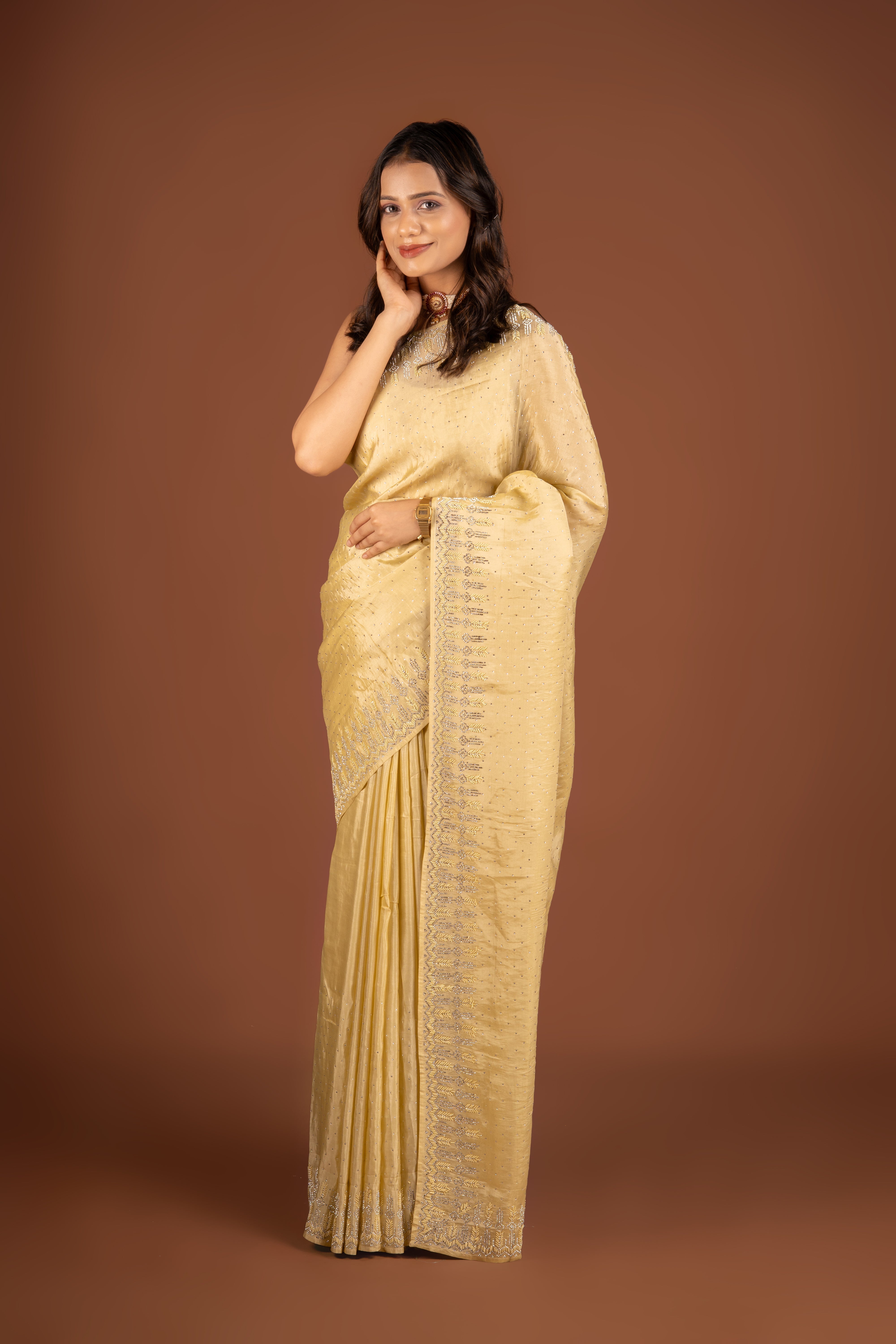 Yellow Georgette Saree With Stone Work