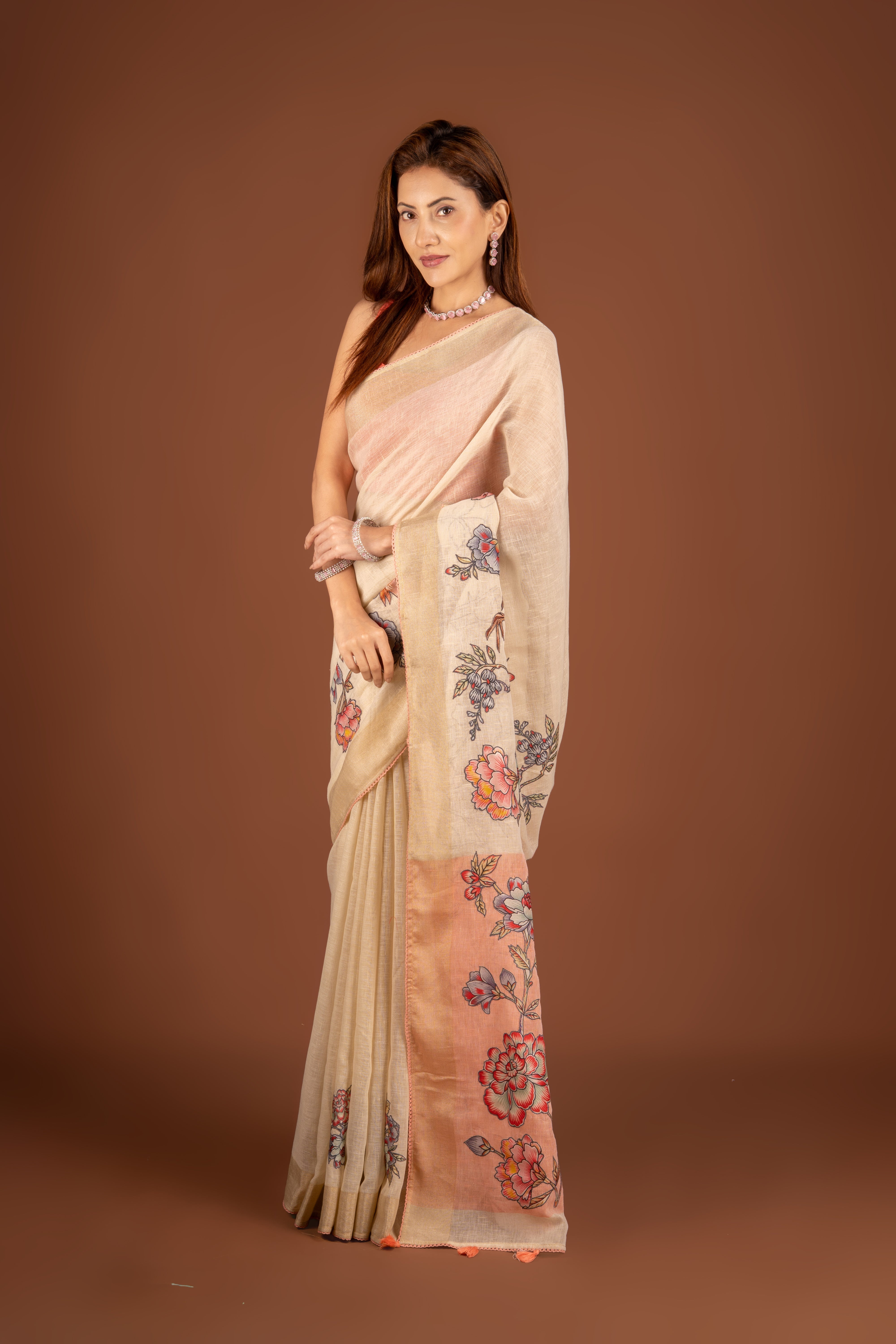 Cream Silk Jute Saree