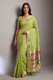 Pastel Green Cotton Paithani Saree with Vṛkṣa border and Nīlamaṇi Pallu