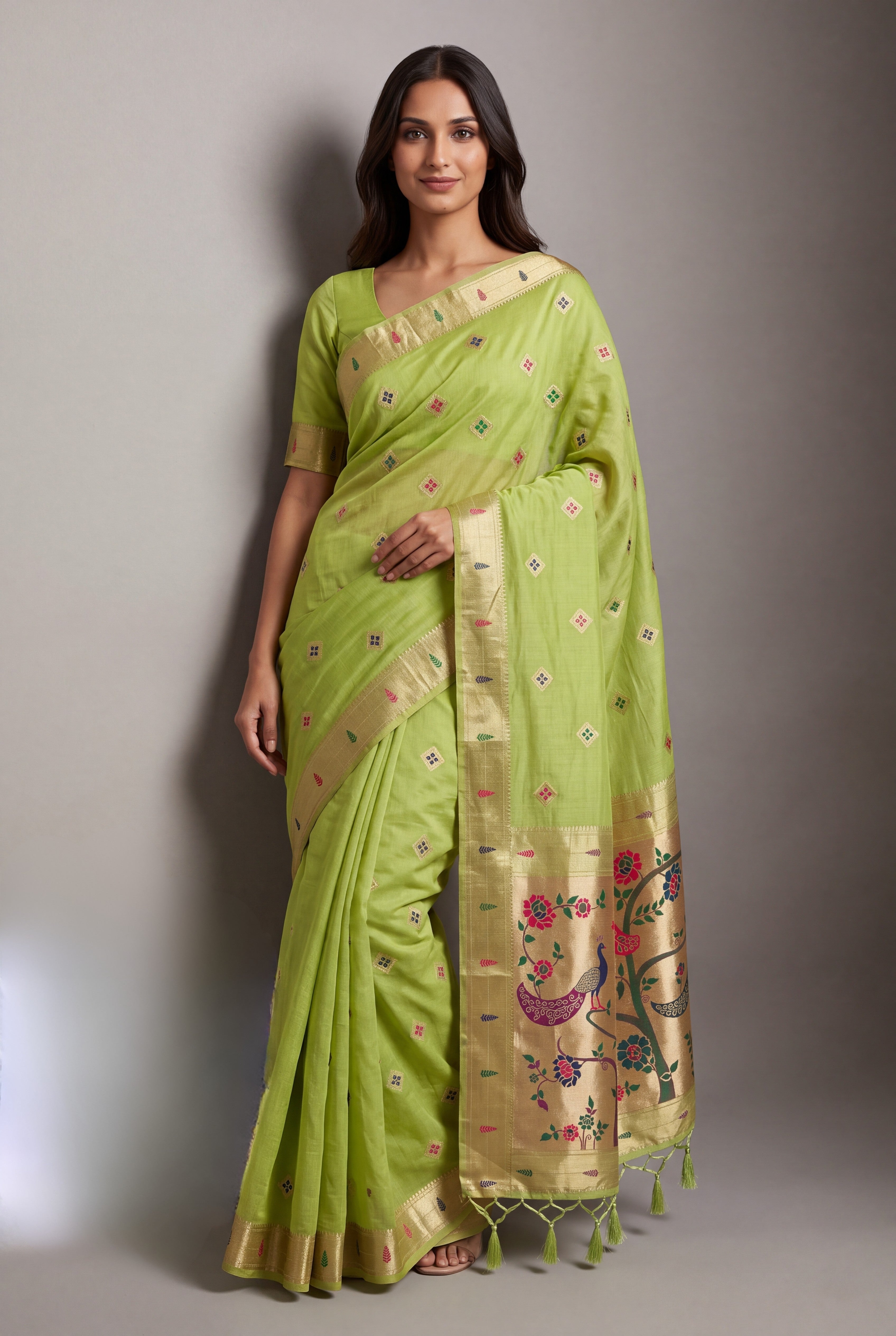 Pastel Green Cotton Paithani Saree with Vṛkṣa border and Nīlamaṇi Pallu
