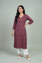 Mahogany Red Cotton Kurti with Ikkat Print