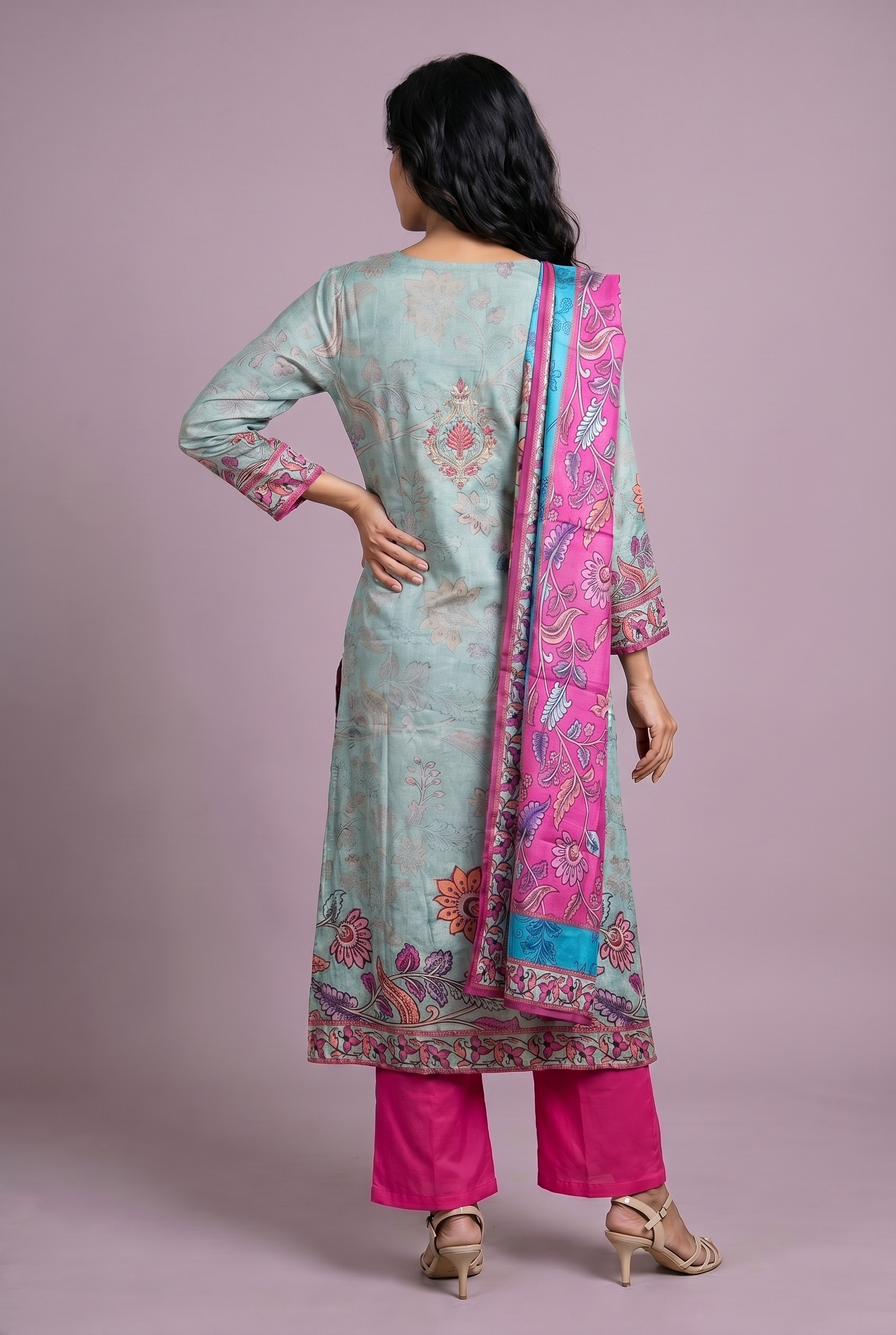 Pista Green Soft Silk Salwar Kameez with Floral Print and Sequin work