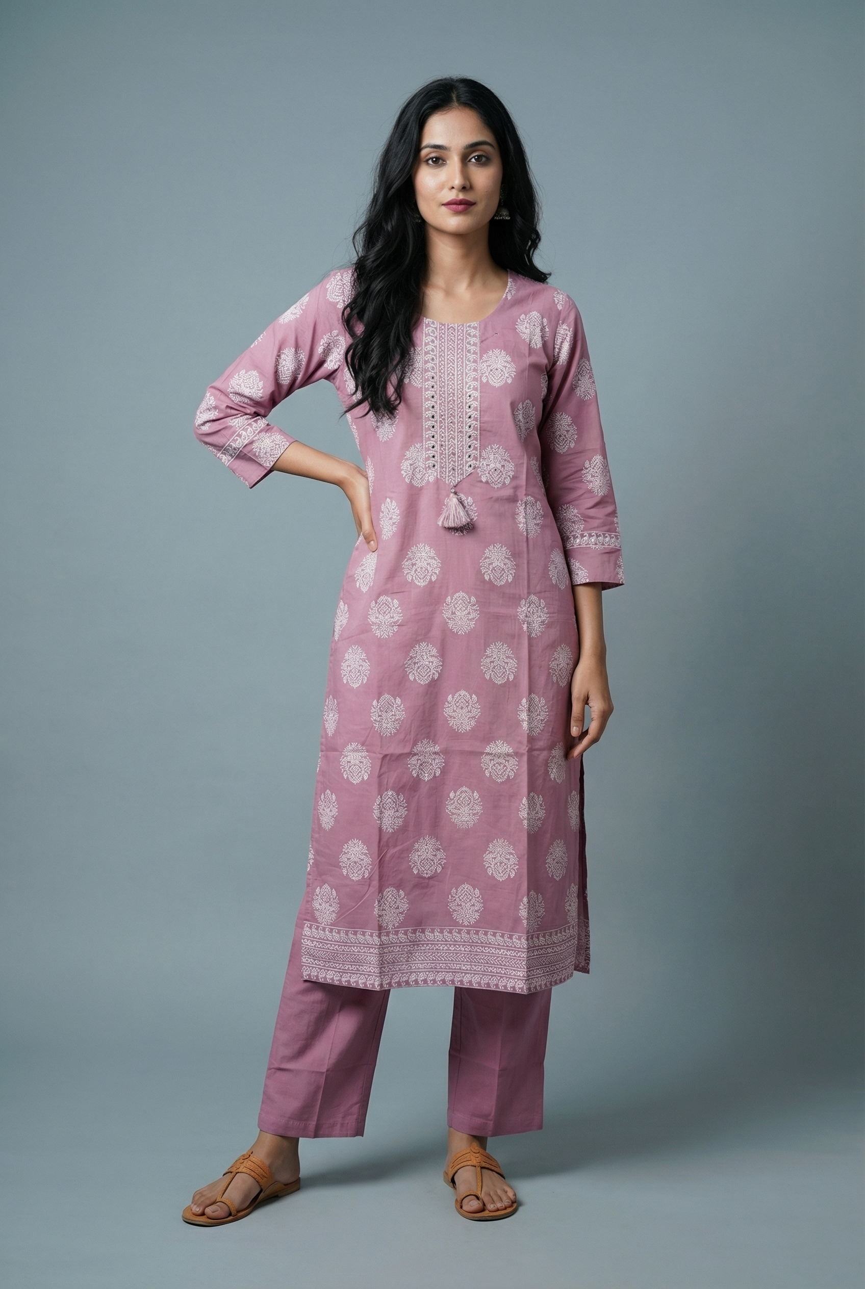 Lavender Straight Pant Set with Embroidary work and Khadi Block Print