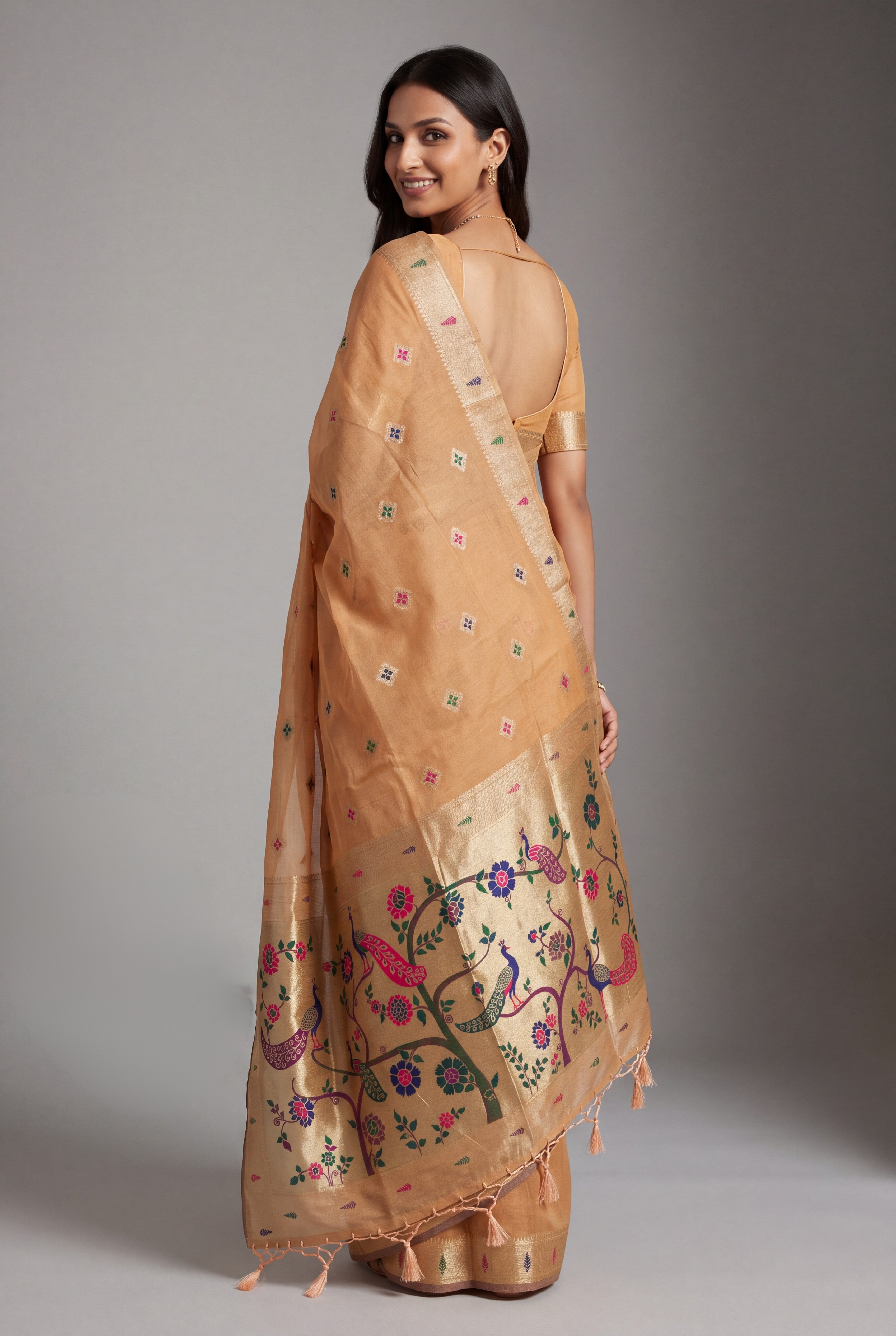 Peach Cotton Paithani Saree with Vṛkṣa border and Nīlamaṇi Pallu