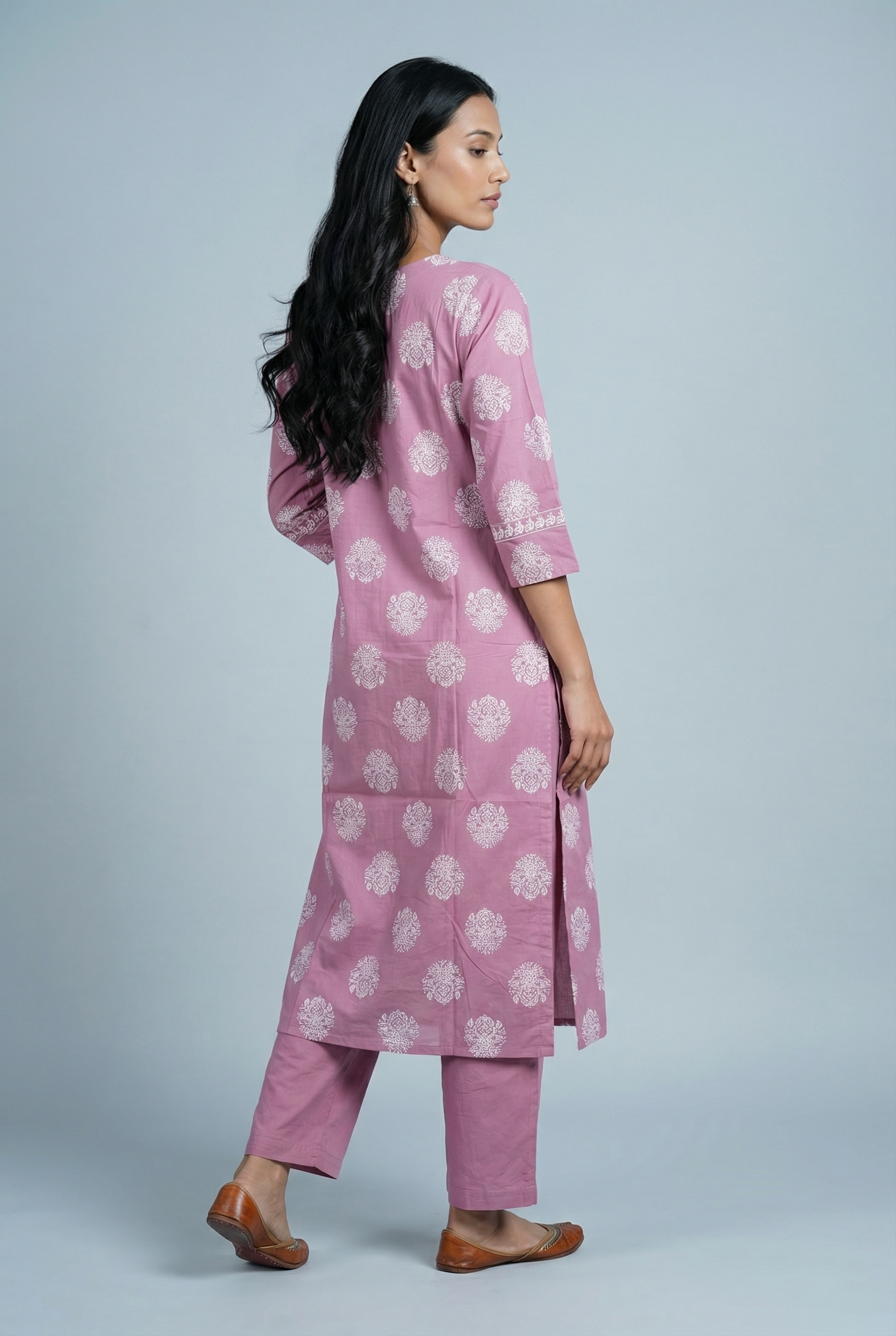 Lavender Straight Pant Set with Embroidary work and Khadi Block Print