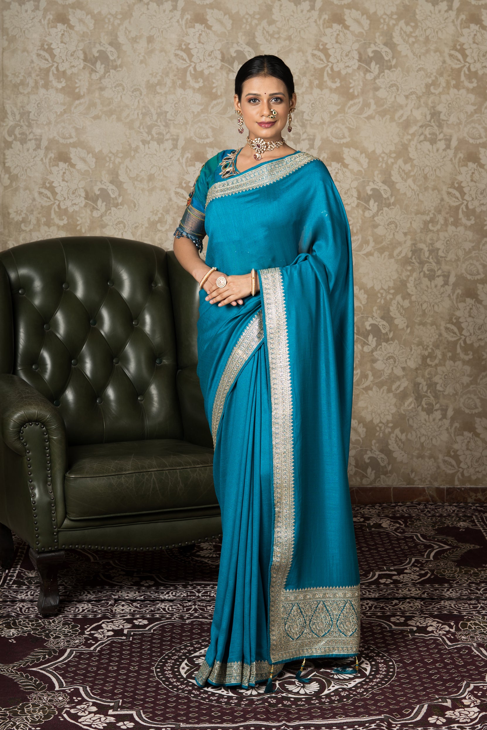 Peacock Green Jute Silk Saree With Stonework