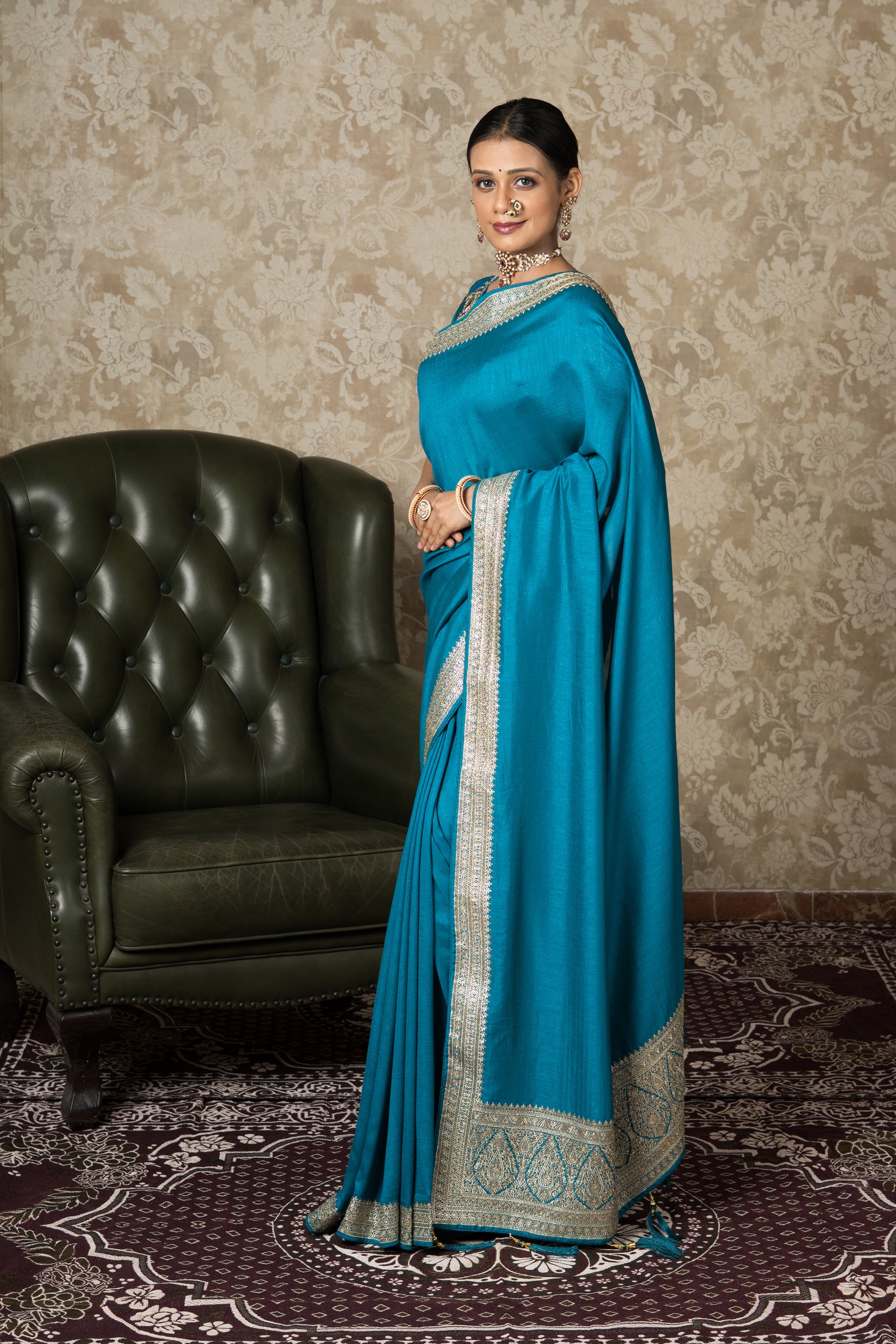 Peacock Green Jute Silk Saree With Stonework