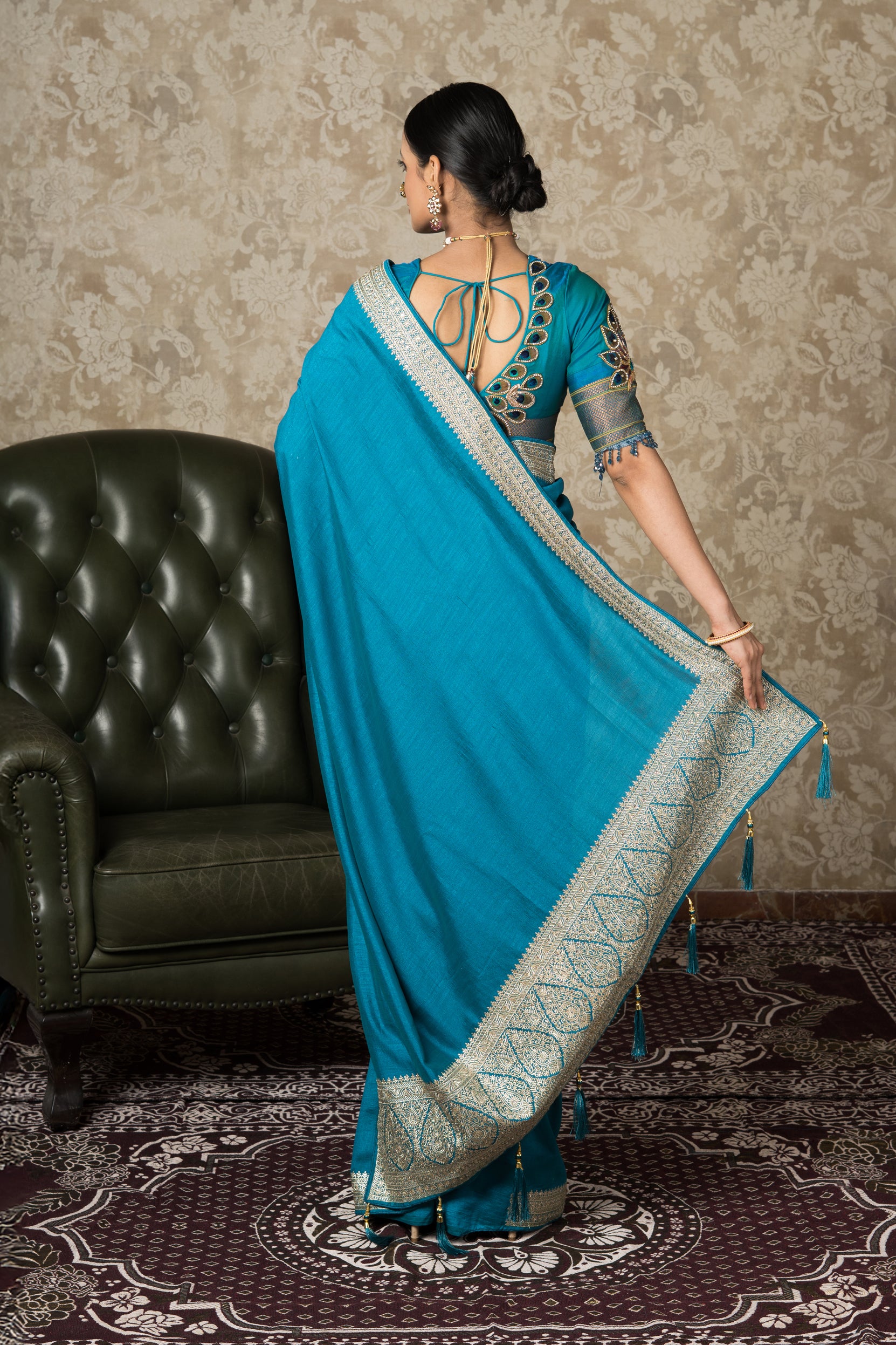 Peacock Green Jute Silk Saree With Stonework