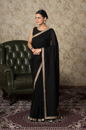 Black Jute Silk Saree With Stonework